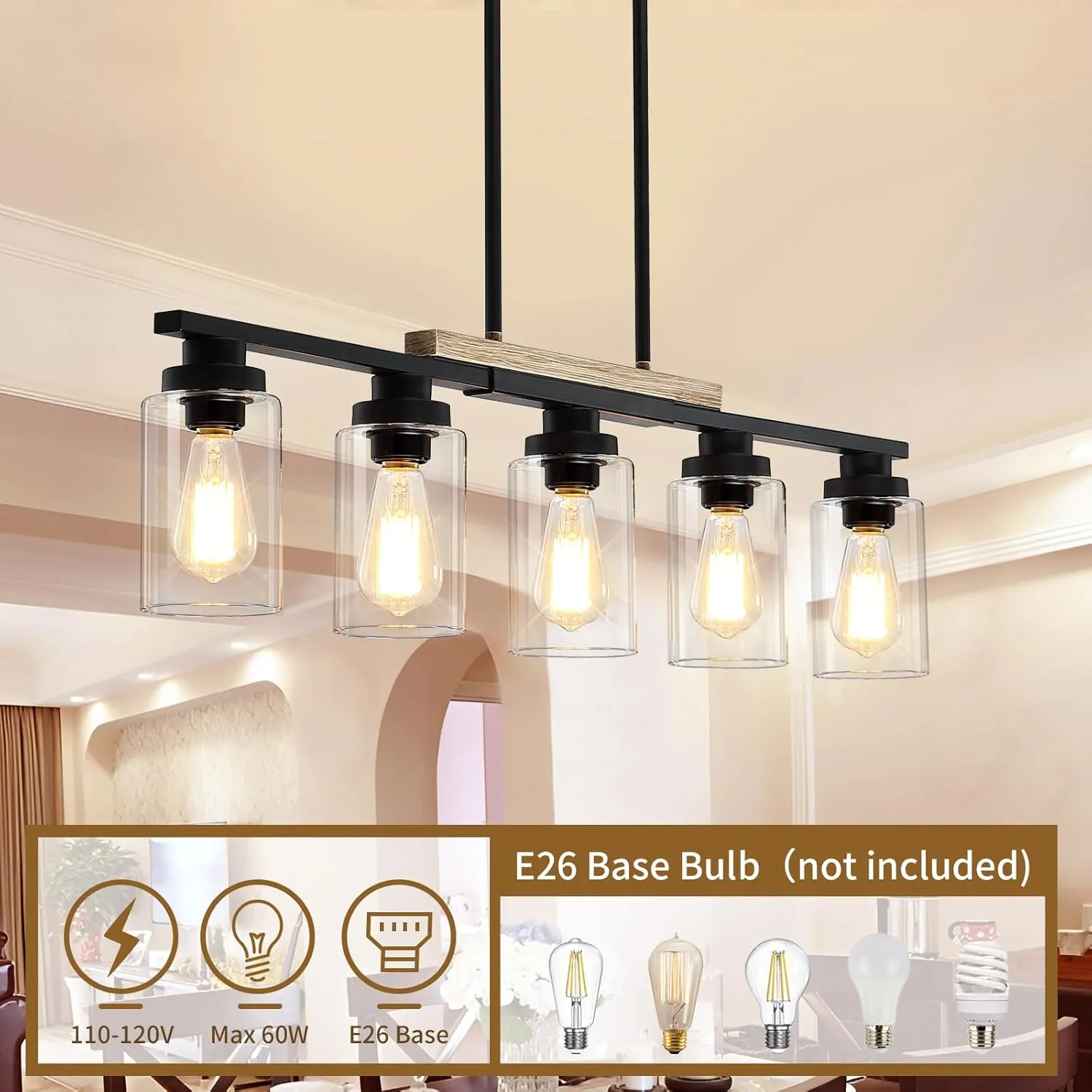 Farmhouse Kitchen Island Lighting,5-Light Dining Room Light Fixtures Over Table Linear Chandelier Pendant Lighting with Glass Shade and Adjustable Rods for Dining Table Living Room