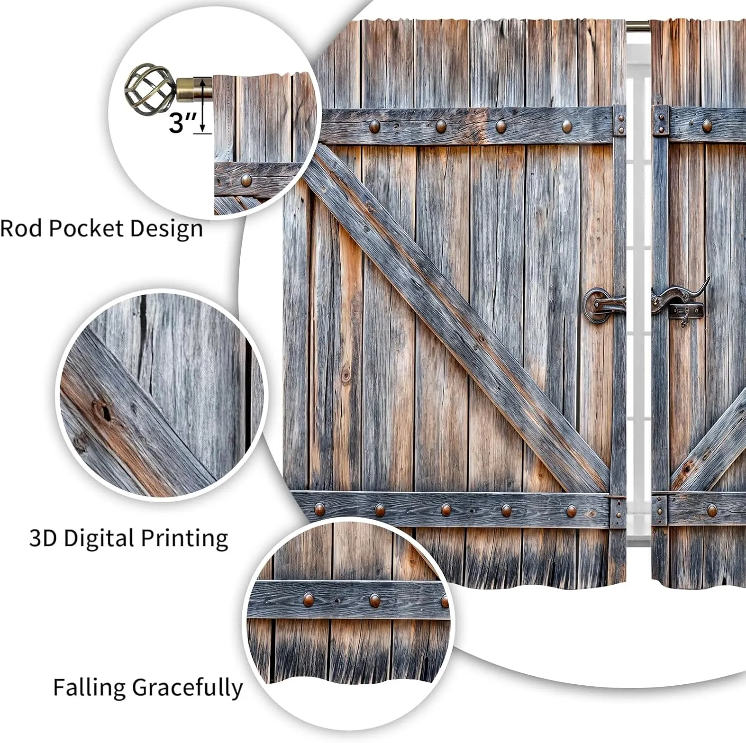 Farmhouse Wooden Barn Door Kitchen Curtains Country Vintage Farm Wood Kitchen Window Curtains Rustic Western Small Short Cafe Tier Curtains Over Sink Drapes Treatment Fabric 2 Panels (26x36 Inch)