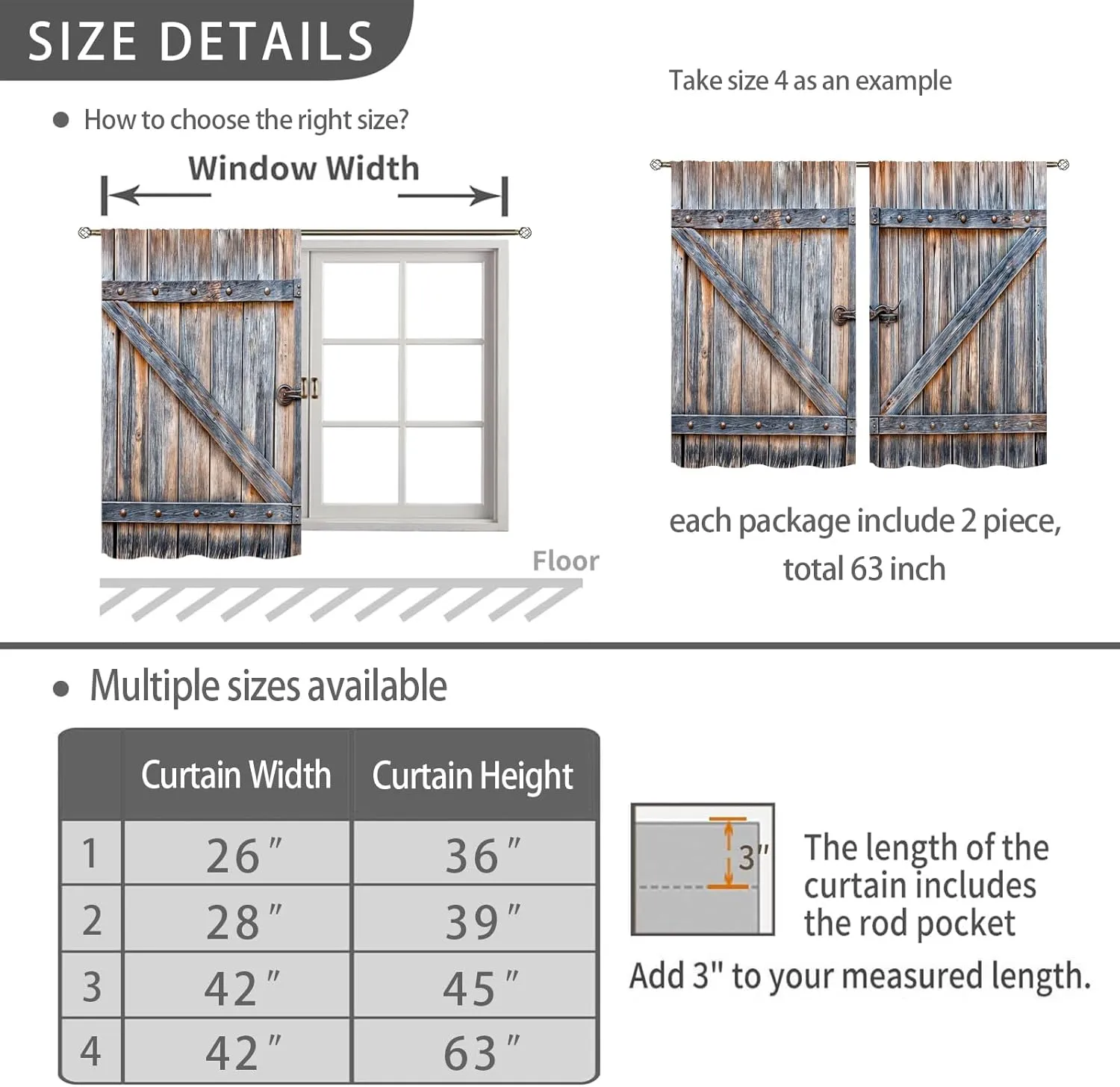 Farmhouse Wooden Barn Door Kitchen Curtains Country Vintage Farm Wood Kitchen Window Curtains Rustic Western Small Short Cafe Tier Curtains Over Sink Drapes Treatment Fabric 2 Panels (26x36 Inch)