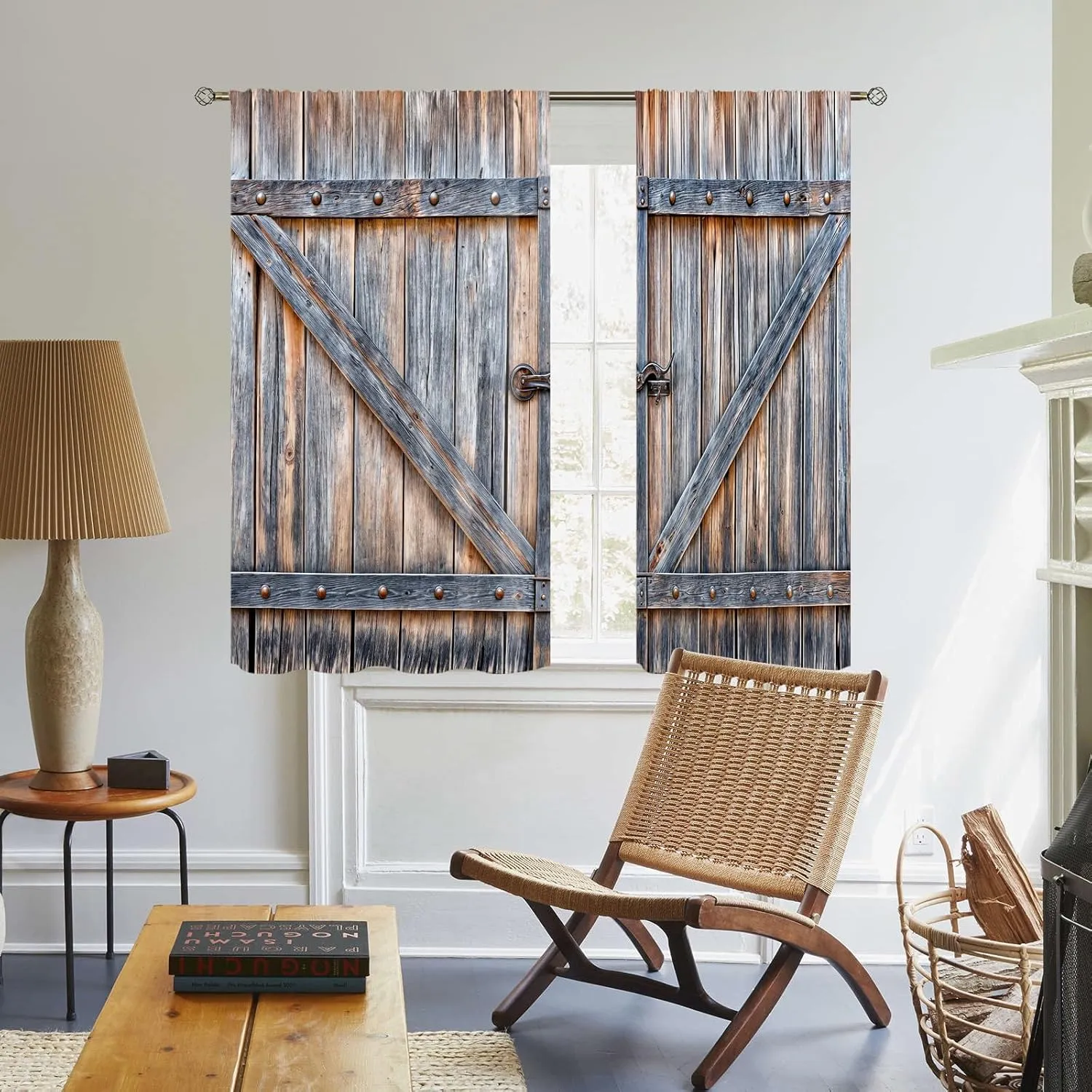 Farmhouse Wooden Barn Door Kitchen Curtains Country Vintage Farm Wood Kitchen Window Curtains Rustic Western Small Short Cafe Tier Curtains Over Sink Drapes Treatment Fabric 2 Panels (26x36 Inch)