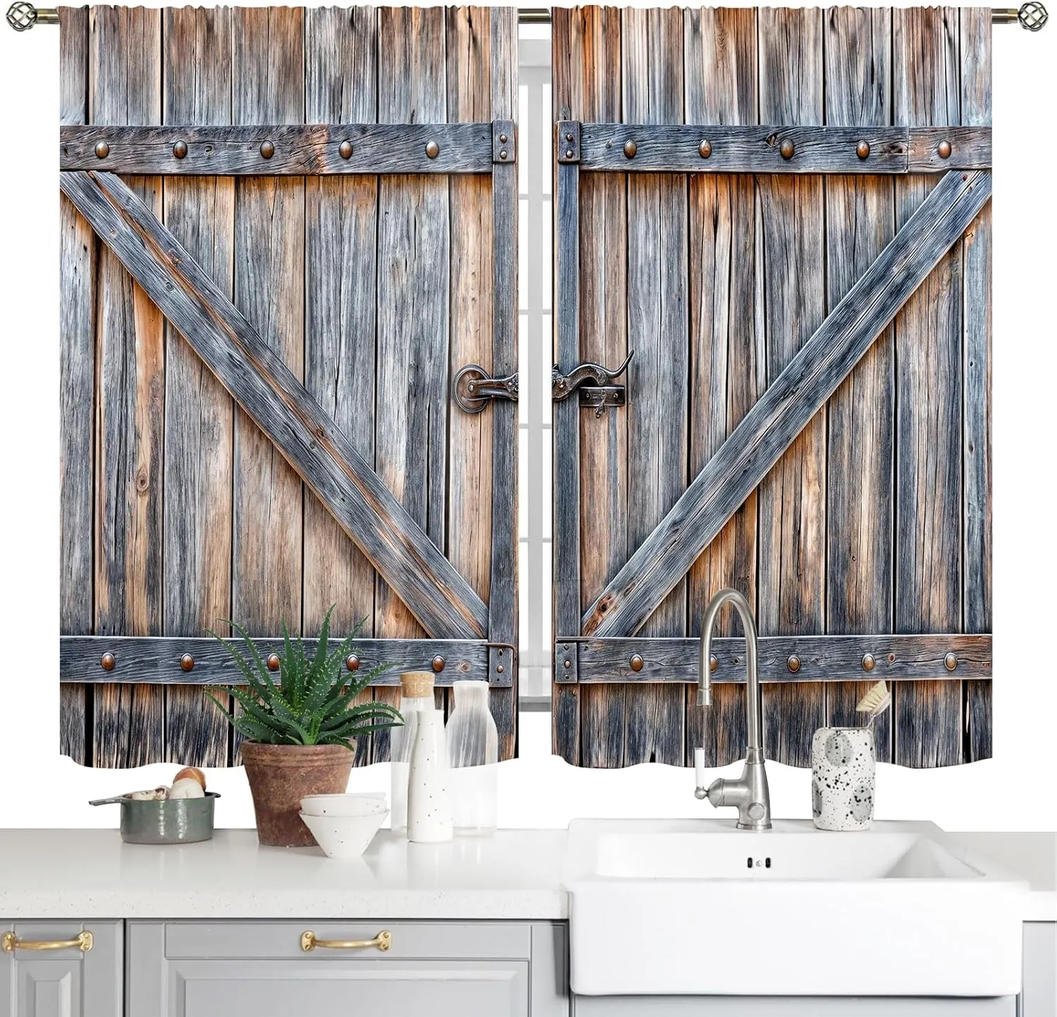 Farmhouse Wooden Barn Door Kitchen Curtains Country Vintage Farm Wood Kitchen Window Curtains Rustic Western Small Short Cafe Tier Curtains Over Sink Drapes Treatment Fabric 2 Panels (26x36 Inch)