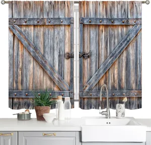 Farmhouse Wooden Barn Door Kitchen Curtains Country Vintage Farm Wood Kitchen Window Curtains Rustic Western Small Short Cafe Tier Curtains Over Sink Drapes Treatment Fabric 2 Panels (26x36 Inch)