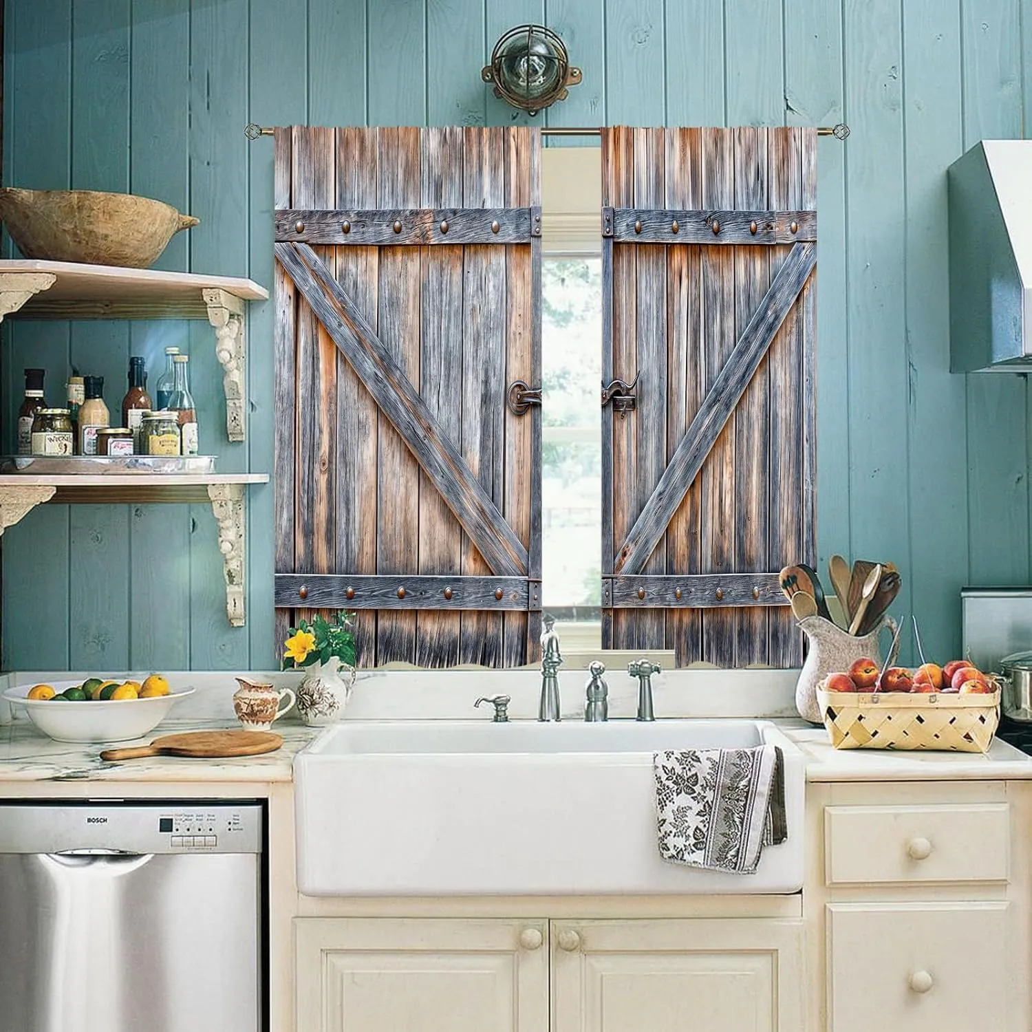 Farmhouse Wooden Barn Door Kitchen Curtains Country Vintage Farm Wood Kitchen Window Curtains Rustic Western Small Short Cafe Tier Curtains Over Sink Drapes Treatment Fabric 2 Panels (26x36 Inch)