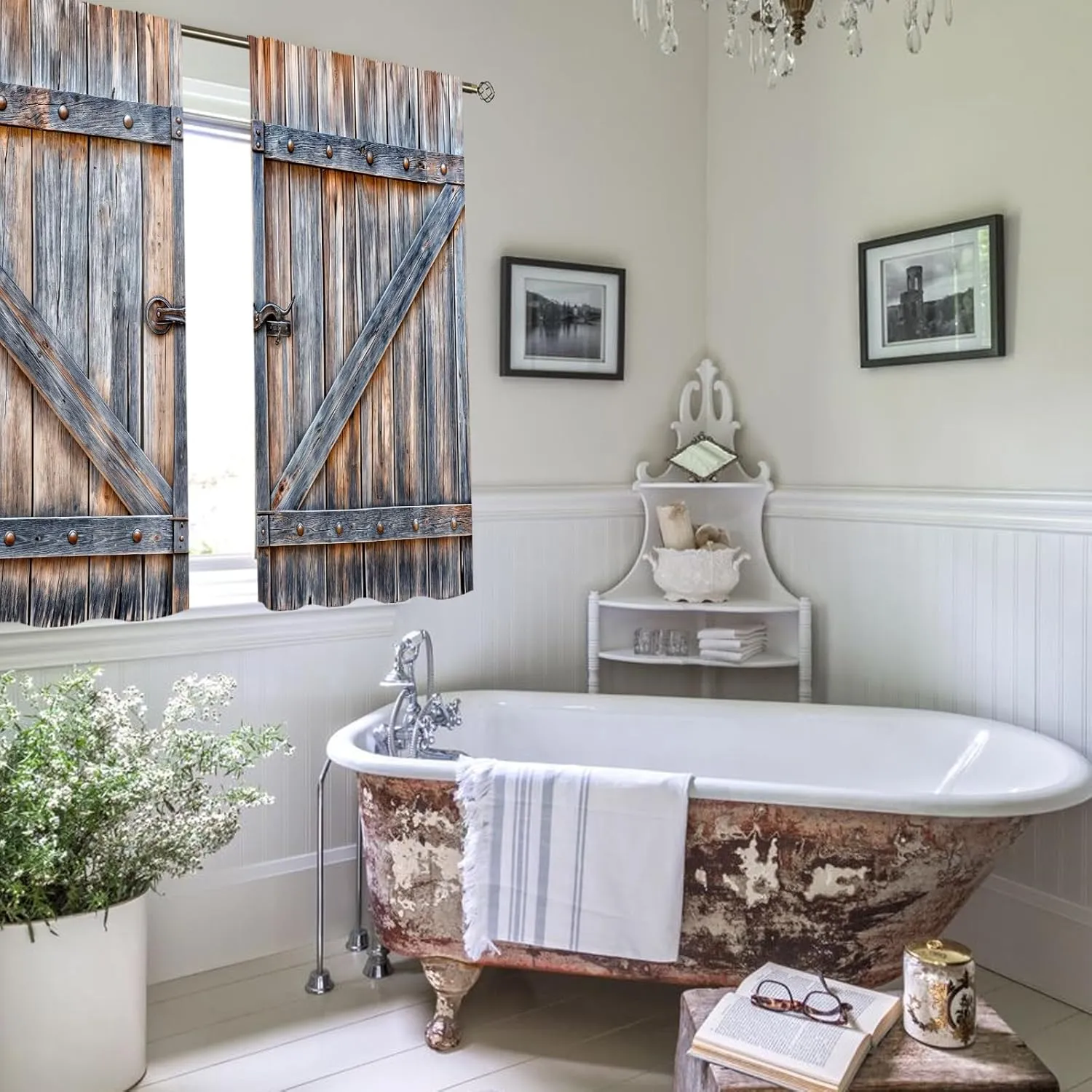 Farmhouse Wooden Barn Door Kitchen Curtains Country Vintage Farm Wood Kitchen Window Curtains Rustic Western Small Short Cafe Tier Curtains Over Sink Drapes Treatment Fabric 2 Panels (26x36 Inch)