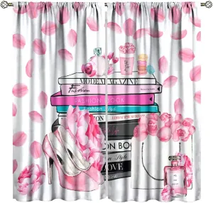 Fashion Girls Pink Flower Curtain，Modern Romance Perfume Women High Heels Books Handbag Blackout Window Curtain，for Living Room Bedroom 42" W X 63" L