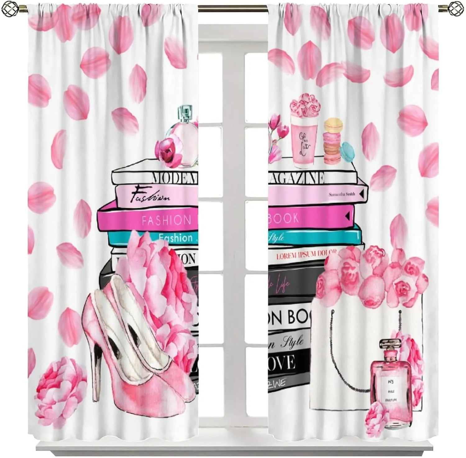 Fashion Girls Pink Flower Curtain，Modern Romance Perfume Women High Heels Books Handbag Blackout Window Curtain，for Living Room Bedroom 42" W X 63" L