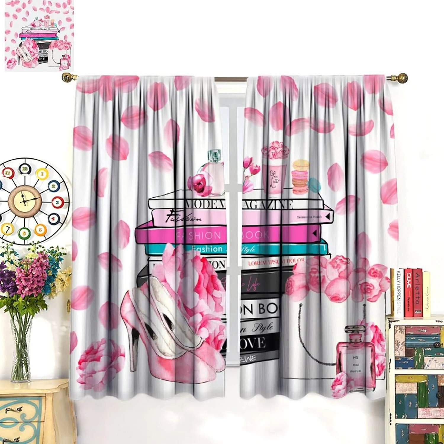 Fashion Girls Pink Flower Curtain，Modern Romance Perfume Women High Heels Books Handbag Blackout Window Curtain，for Living Room Bedroom 42" W X 63" L