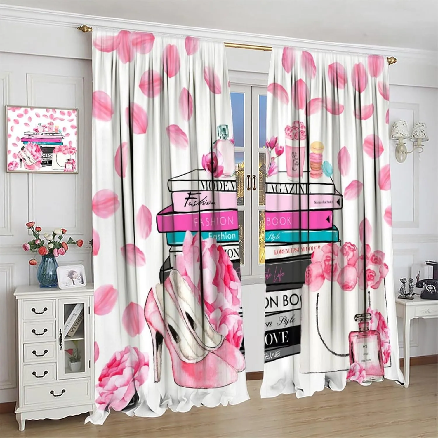 Fashion Girls Pink Flower Curtain，Modern Romance Perfume Women High Heels Books Handbag Blackout Window Curtain，for Living Room Bedroom 42" W X 63" L