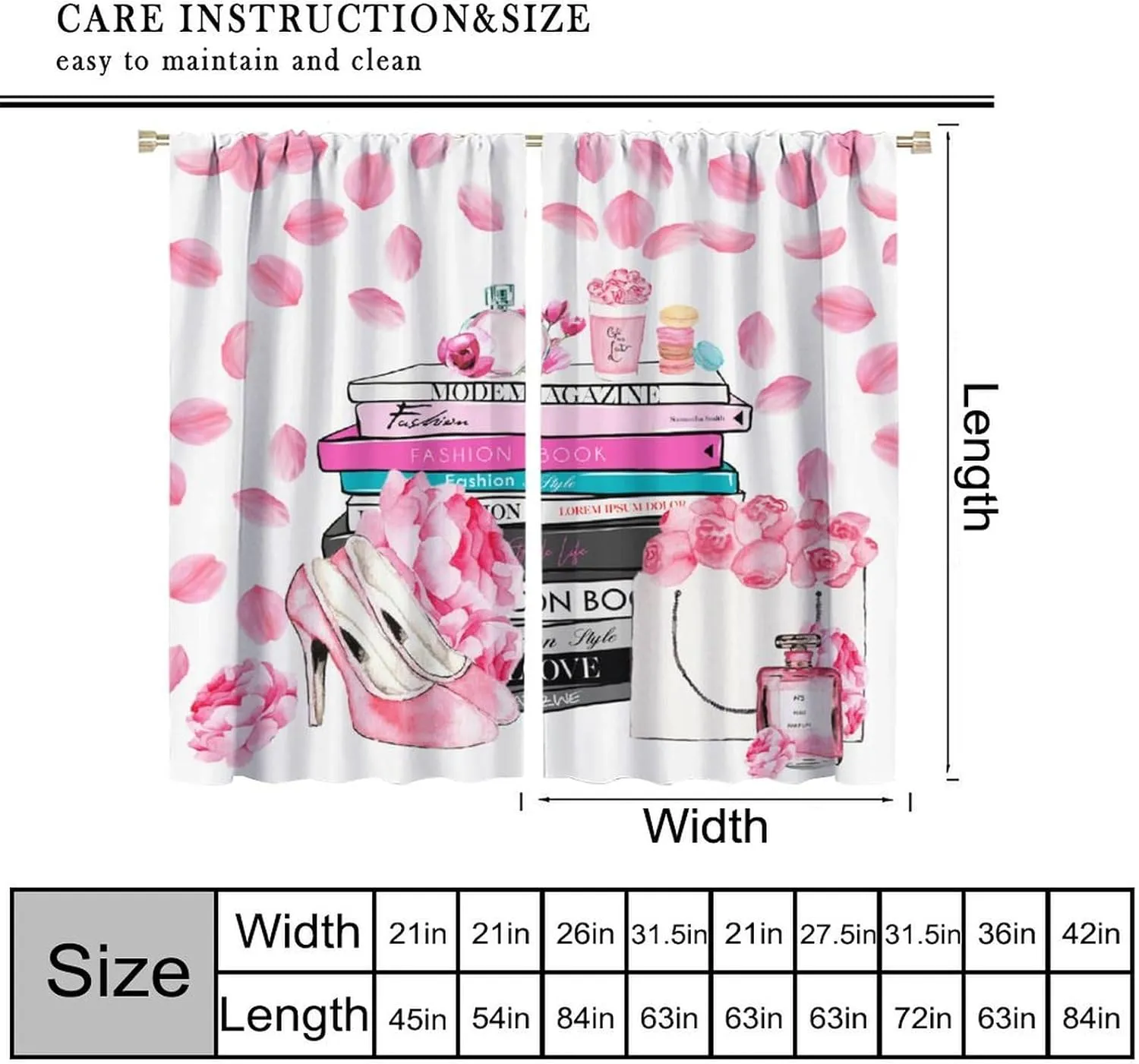 Fashion Girls Pink Flower Curtain，Modern Romance Perfume Women High Heels Books Handbag Blackout Window Curtain，for Living Room Bedroom 42" W X 63" L