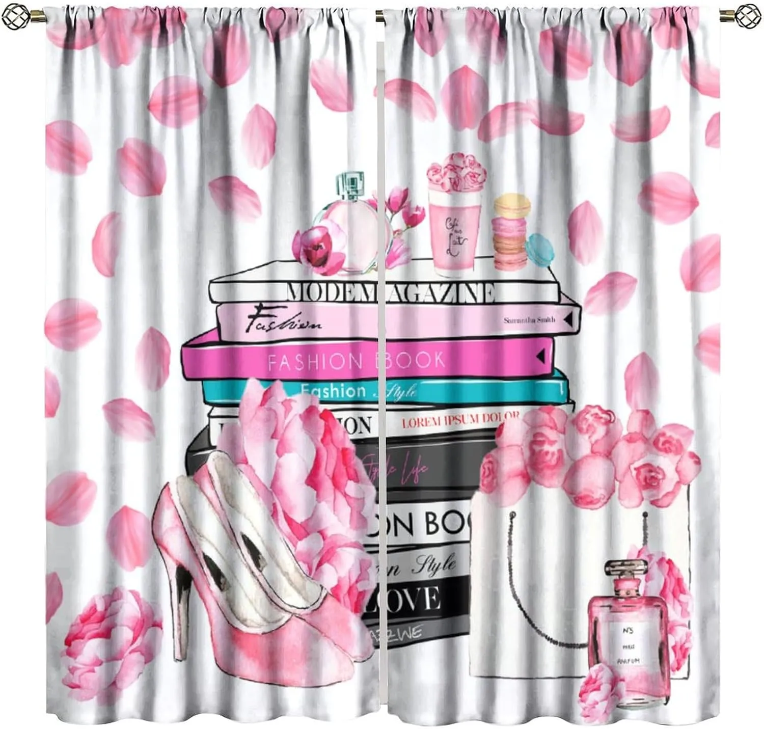 Fashion Girls Pink Flower Curtain，Modern Romance Perfume Women High Heels Books Handbag Blackout Window Curtain，for Living Room Bedroom 42" W X 63" L