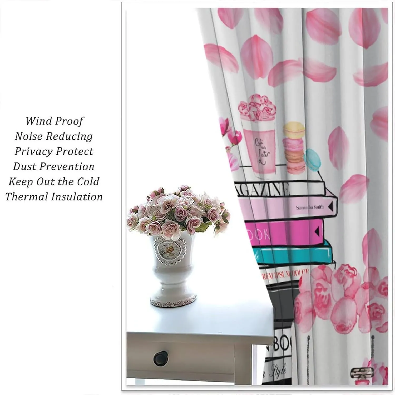 Fashion Girls Pink Flower Curtain，Modern Romance Perfume Women High Heels Books Handbag Blackout Window Curtain，for Living Room Bedroom 42" W X 63" L
