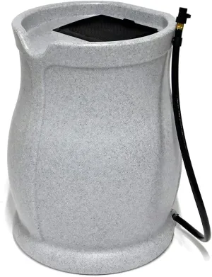 FCMP Outdoor Catalina 45-Gallon Rain Barrel – BPA-Free Flat-Back Design with 3.5 Foot Garden Hose, Shut-Off Thumb Valve, and Fixed Lid (RB-CAT-LTGRNT) Light Granite