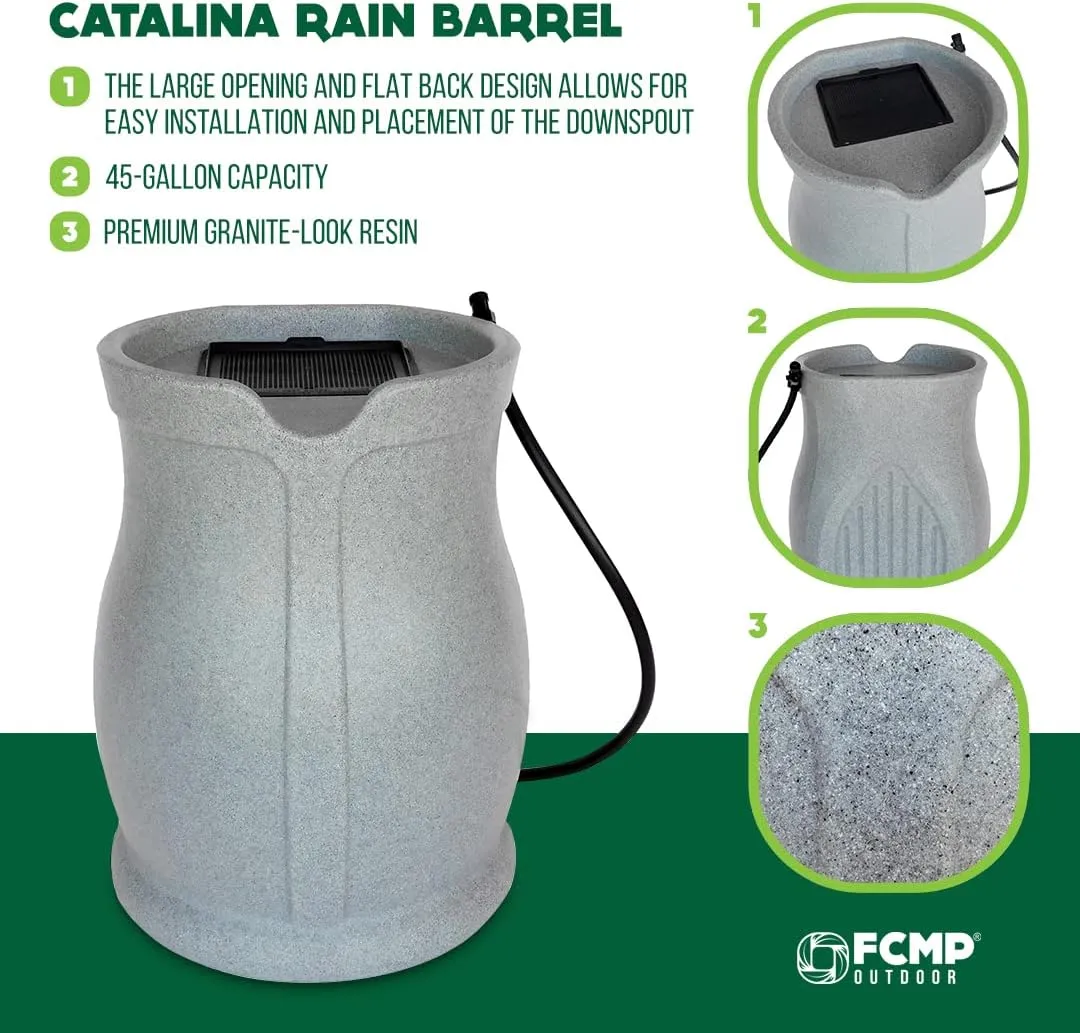 FCMP Outdoor Catalina 45-Gallon Rain Barrel – BPA-Free Flat-Back Design with 3.5 Foot Garden Hose, Shut-Off Thumb Valve, and Fixed Lid (RB-CAT-LTGRNT) Light Granite