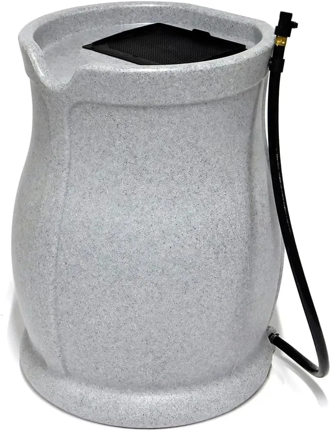 FCMP Outdoor Catalina 45-Gallon Rain Barrel – BPA-Free Flat-Back Design with 3.5 Foot Garden Hose, Shut-Off Thumb Valve, and Fixed Lid (RB-CAT-LTGRNT) Light Granite