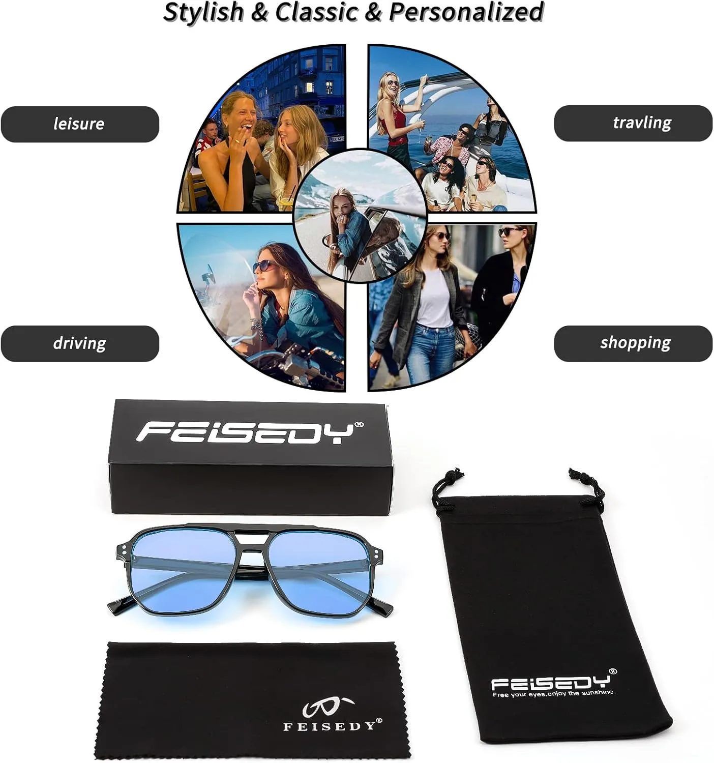 FEISEDY Retro Square Aviator Sunglasses Women Men 70s Vintage Trendy Plastic Frame Sun Glasses B2835