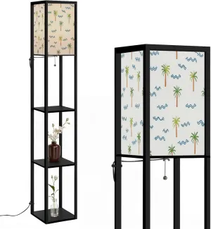 Flat Color Seamless Summer Pattern Summer Pattern Cute Floor Lamps with Shelves, Modern Standing Lamp Narrow Corner Display Bookshelf Lamp for Living Room, Bedroom, Office Decor