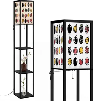 Flat Fruits Icons Set Black Color Reflex Floor Lamps with Shelves, Modern Standing Lamp Narrow Corner Display Bookshelf Lamp for Living Room, Bedroom, Office Decor