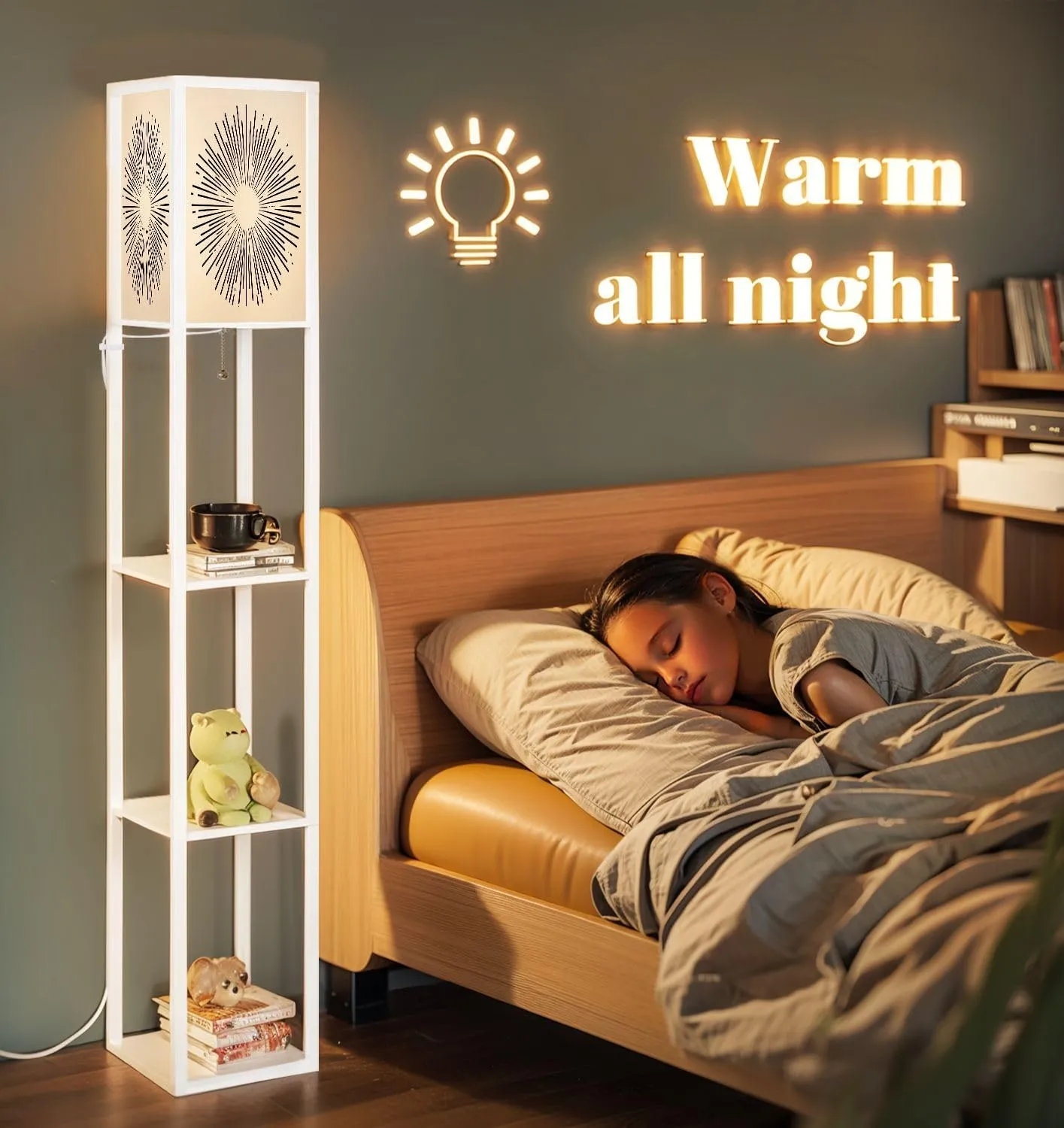 Flat Style Floor Lamps with Shelves, Modern Standing Lamp Narrow Corner Display Bookshelf Lamp for Living Room, Bedroom, Office Decor