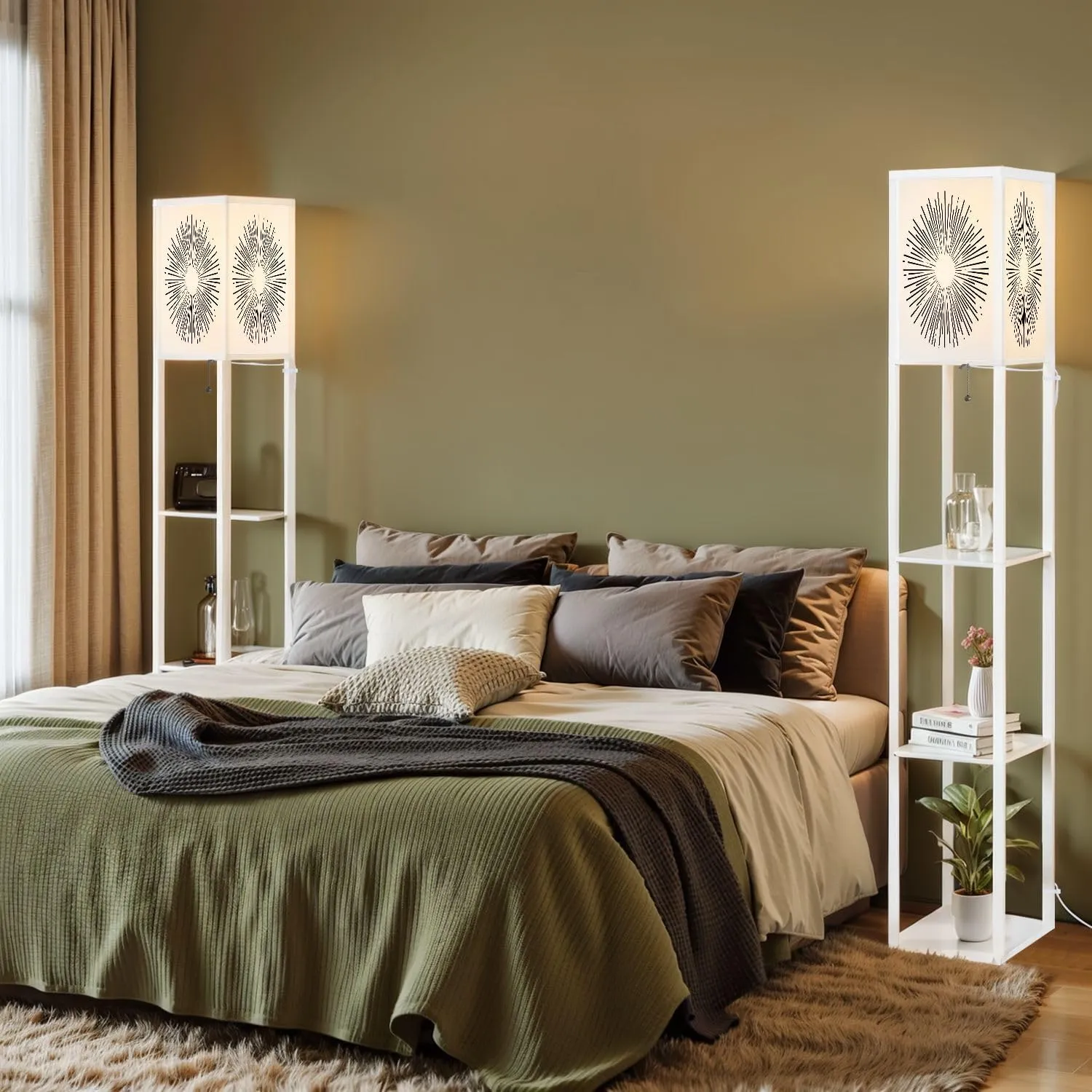 Flat Style Floor Lamps with Shelves, Modern Standing Lamp Narrow Corner Display Bookshelf Lamp for Living Room, Bedroom, Office Decor