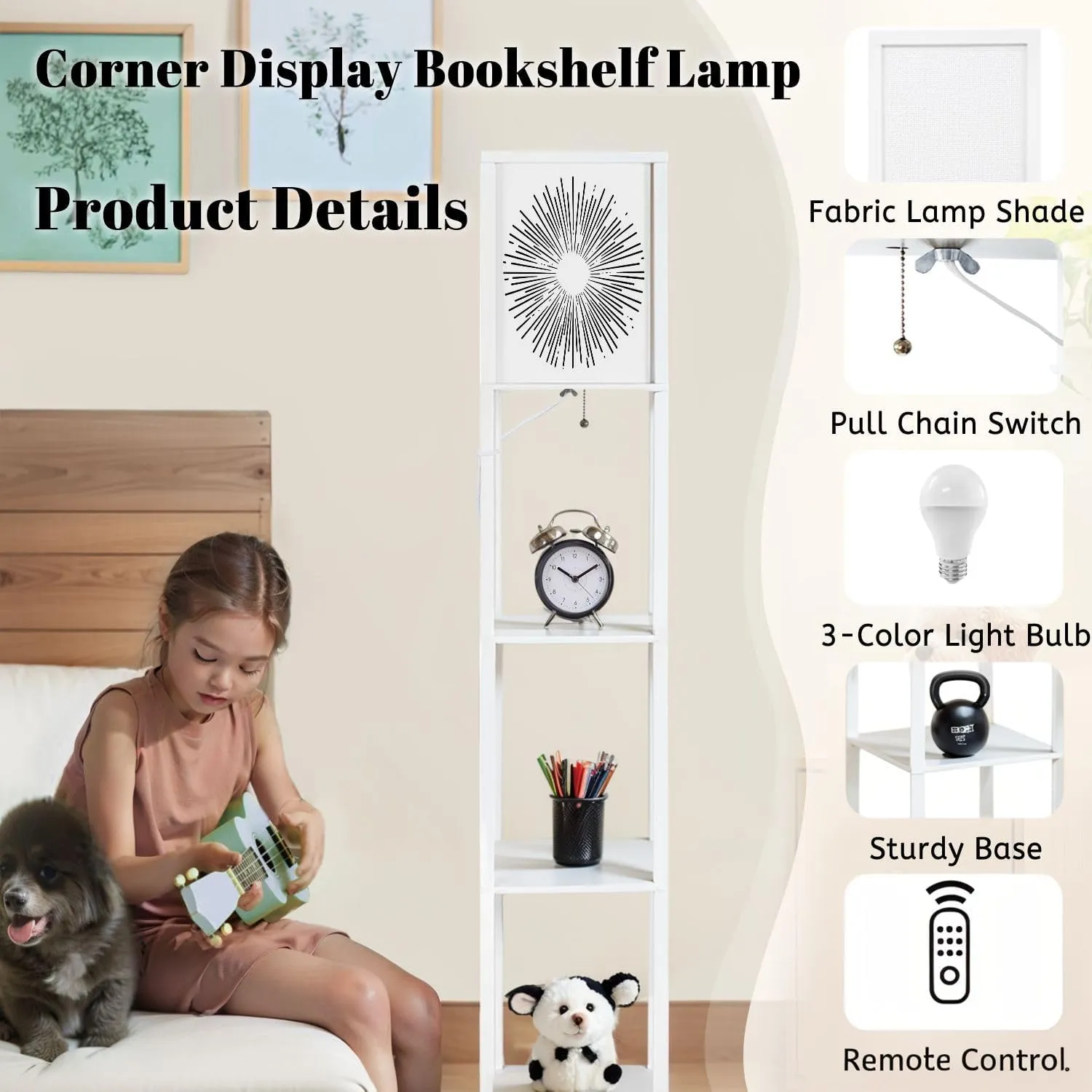 Flat Style Floor Lamps with Shelves, Modern Standing Lamp Narrow Corner Display Bookshelf Lamp for Living Room, Bedroom, Office Decor