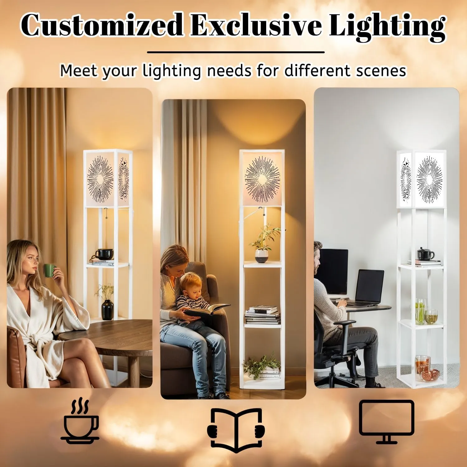Flat Style Floor Lamps with Shelves, Modern Standing Lamp Narrow Corner Display Bookshelf Lamp for Living Room, Bedroom, Office Decor