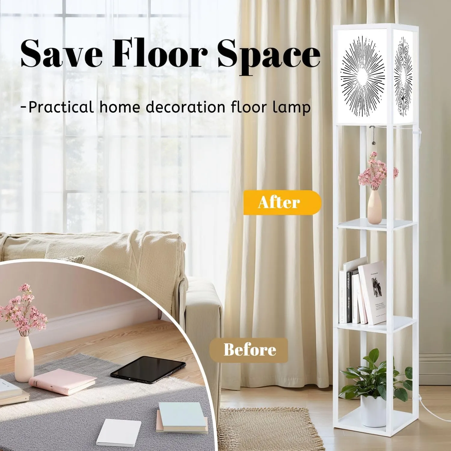 Flat Style Floor Lamps with Shelves, Modern Standing Lamp Narrow Corner Display Bookshelf Lamp for Living Room, Bedroom, Office Decor
