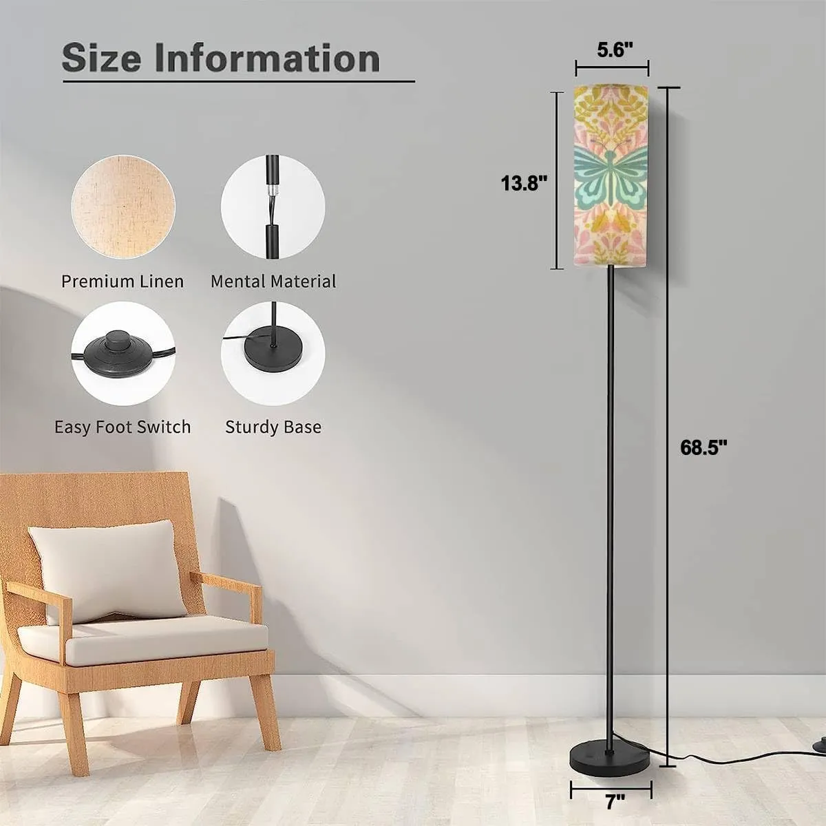 Floor Lamp for Living Room Butterfly Seamless Simple Flat Cute Cute Design Modern Standing Lamp Remote Control Dimmable Pole Lamp Corner Tall Lamp for Office Bedroom Reading