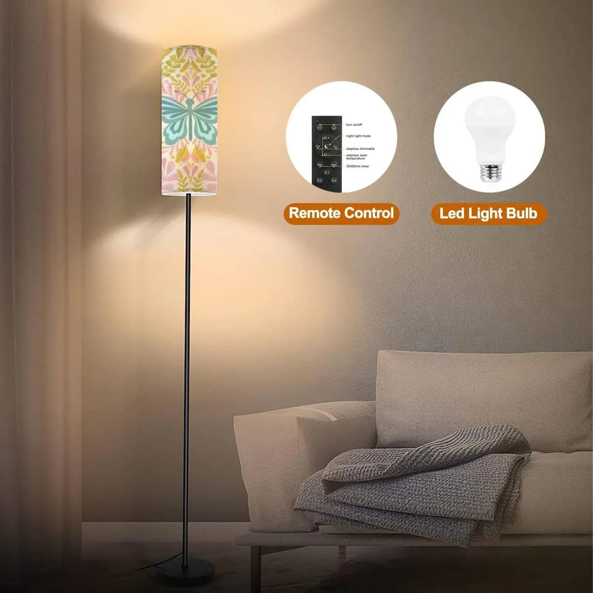 Floor Lamp for Living Room Butterfly Seamless Simple Flat Cute Cute Design Modern Standing Lamp Remote Control Dimmable Pole Lamp Corner Tall Lamp for Office Bedroom Reading