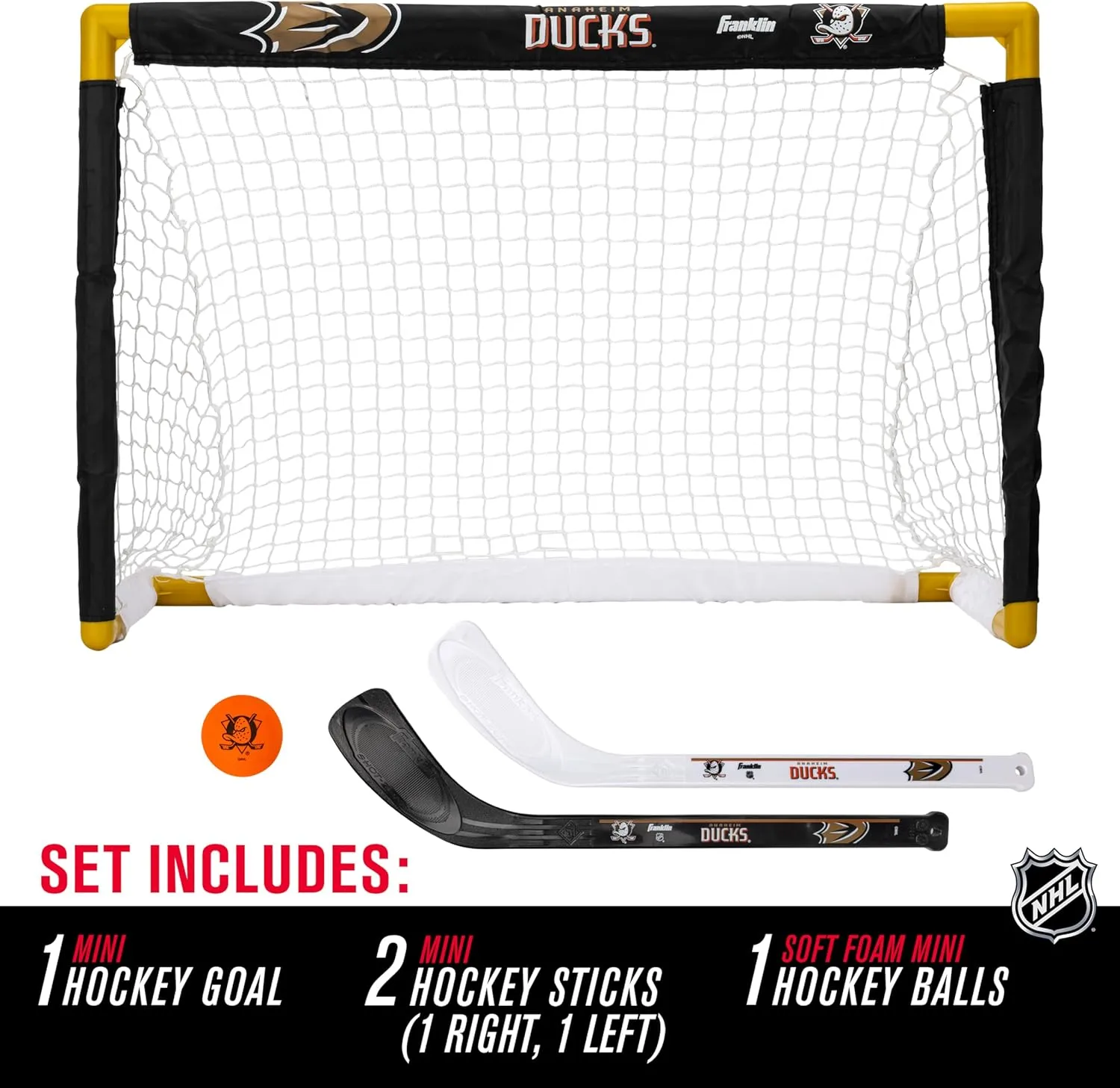 Franklin Sports NHL Mini Hockey Set - Kids Indoor Knee Hockey Goal, Ball,   2 Stick Combo - Youth Team Indoor Toy Set - Official - Ages 3 