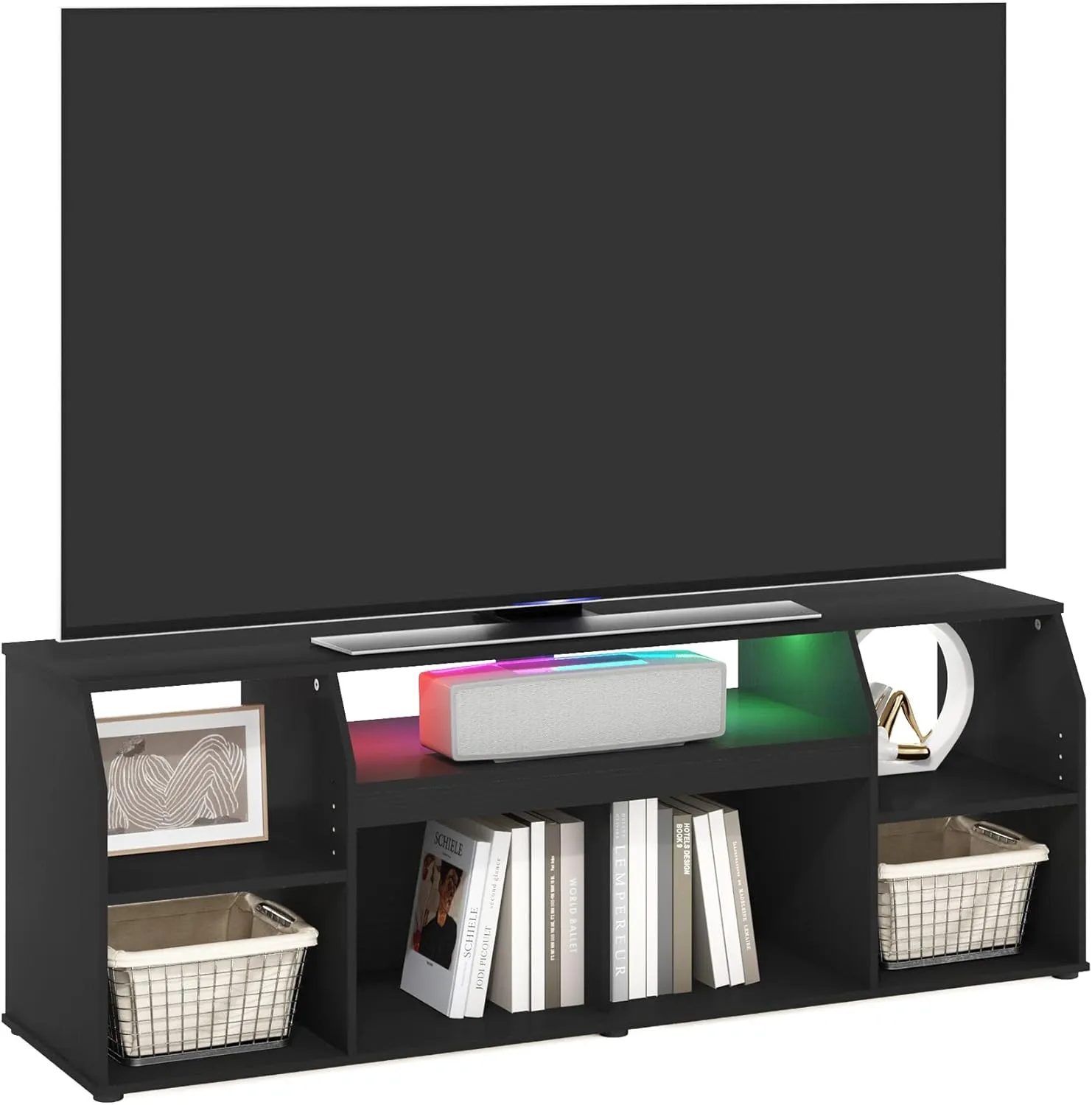 Furinno Jaya TV stand for up to 65 Inch TV, Gaming Enterteinment Center with LED Lights, Living Room Media Console Table, Americano