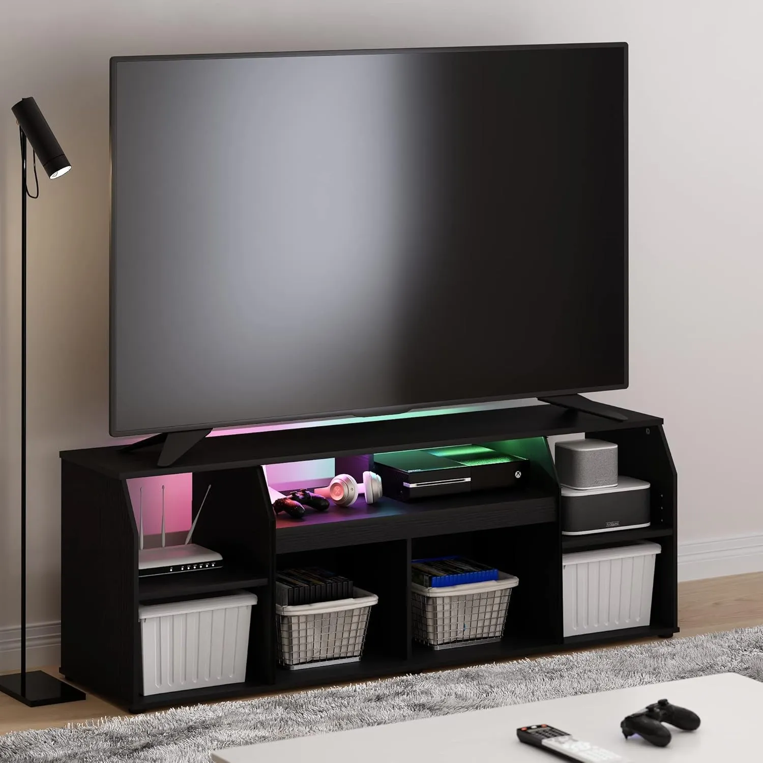 Furinno Jaya TV stand for up to 65 Inch TV, Gaming Enterteinment Center with LED Lights, Living Room Media Console Table, Americano