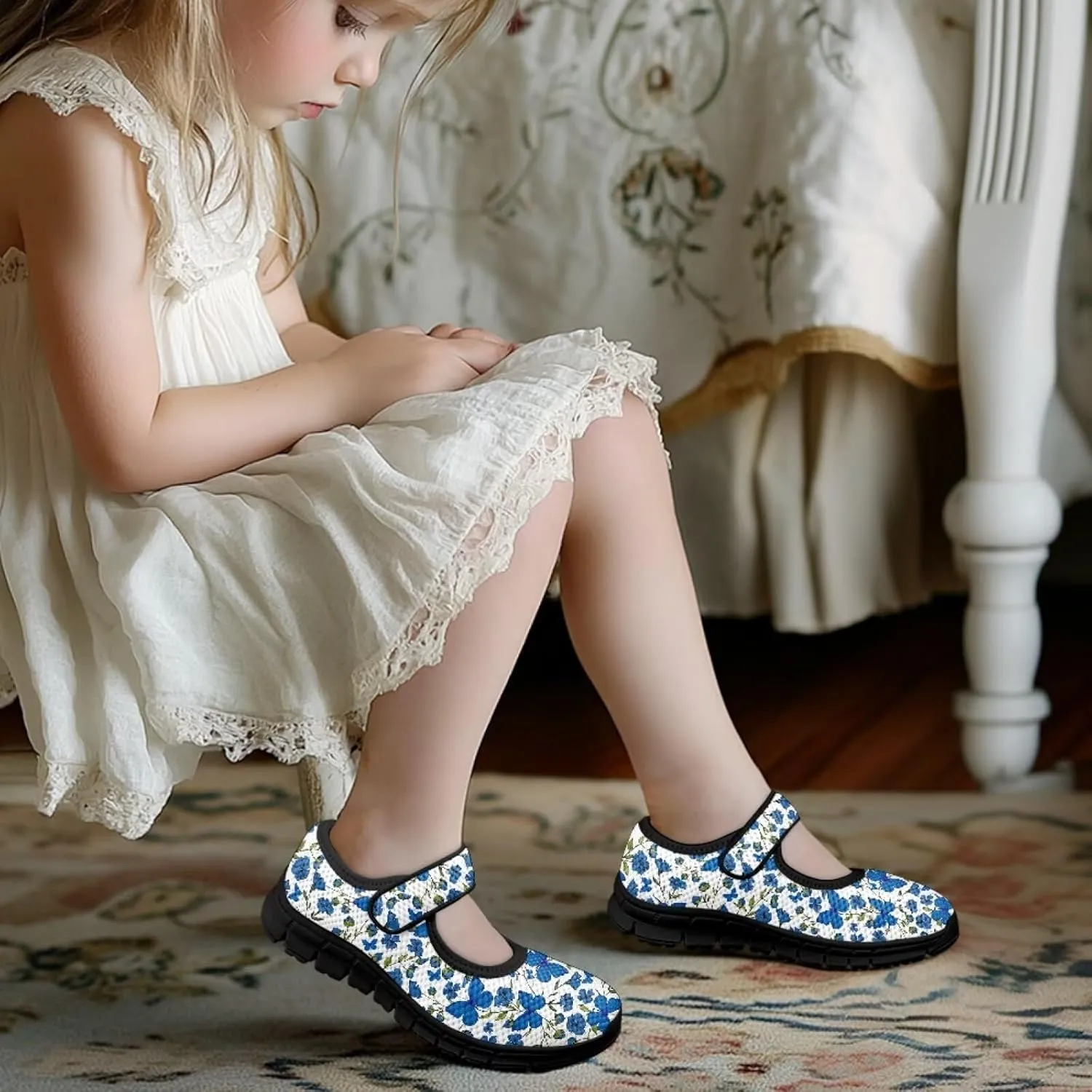 Girls Mary Jane Dress Shoes School Uniform Shoes with Hook and Loop Ballerina Flats for Wedding Party