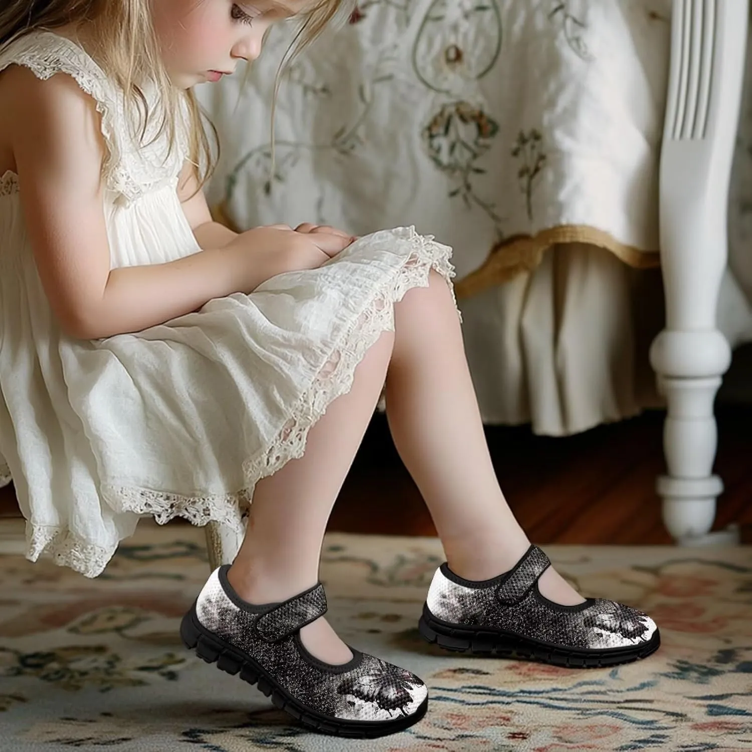 Girls Mary Jane Dress Shoes School Uniform Shoes with Hook and Loop Ballerina Flats for Wedding Party