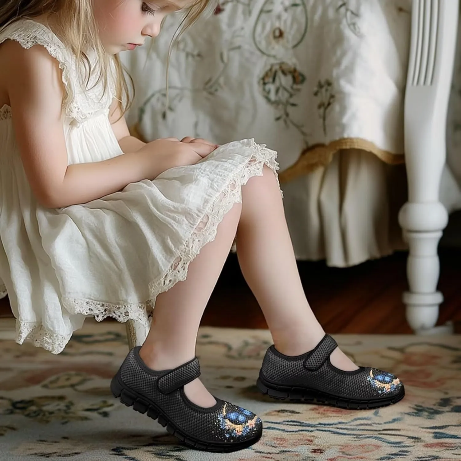 Girls Mary Jane Dress Shoes School Uniform Shoes with Hook and Loop Ballerina Flats for Wedding Party