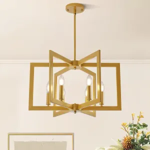Gold Chandelier, 6-Light Modern Geometric Ceiling Pendant Light Fixtures, Industrial Foyer Lighting Fixtures, Dining Room Chandelier for Living Room, Bedroom, Kitchen Island, Entryway