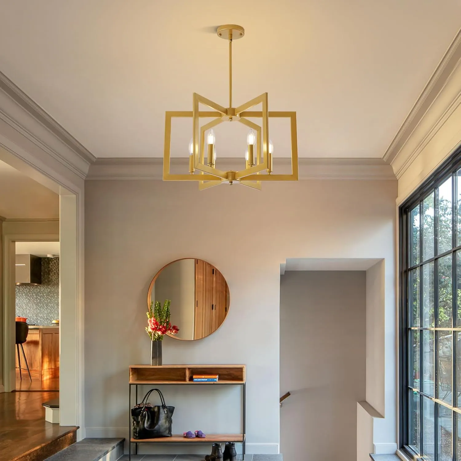 Gold Chandelier, 6-Light Modern Geometric Ceiling Pendant Light Fixtures, Industrial Foyer Lighting Fixtures, Dining Room Chandelier for Living Room, Bedroom, Kitchen Island, Entryway