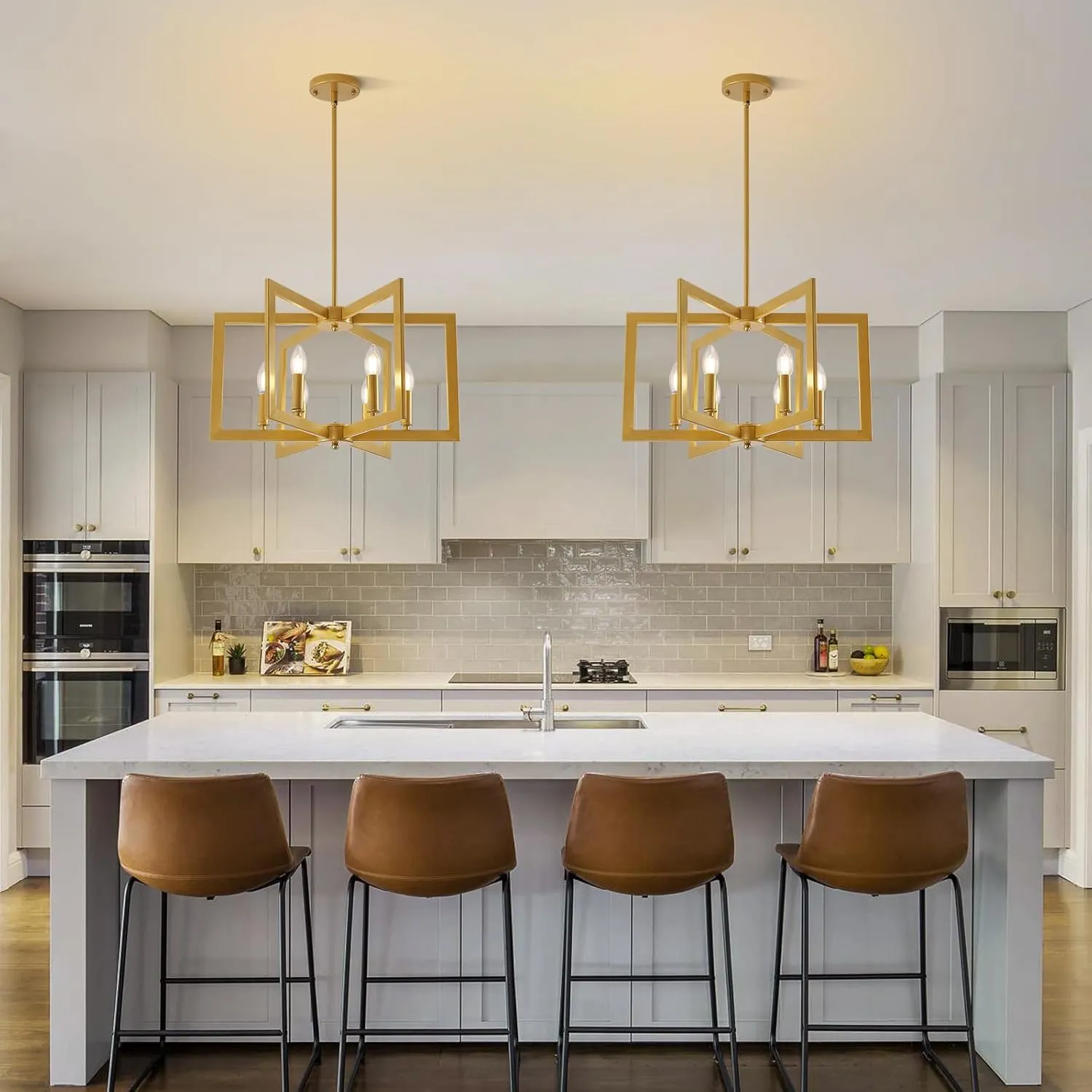 Gold Chandelier, 6-Light Modern Geometric Ceiling Pendant Light Fixtures, Industrial Foyer Lighting Fixtures, Dining Room Chandelier for Living Room, Bedroom, Kitchen Island, Entryway