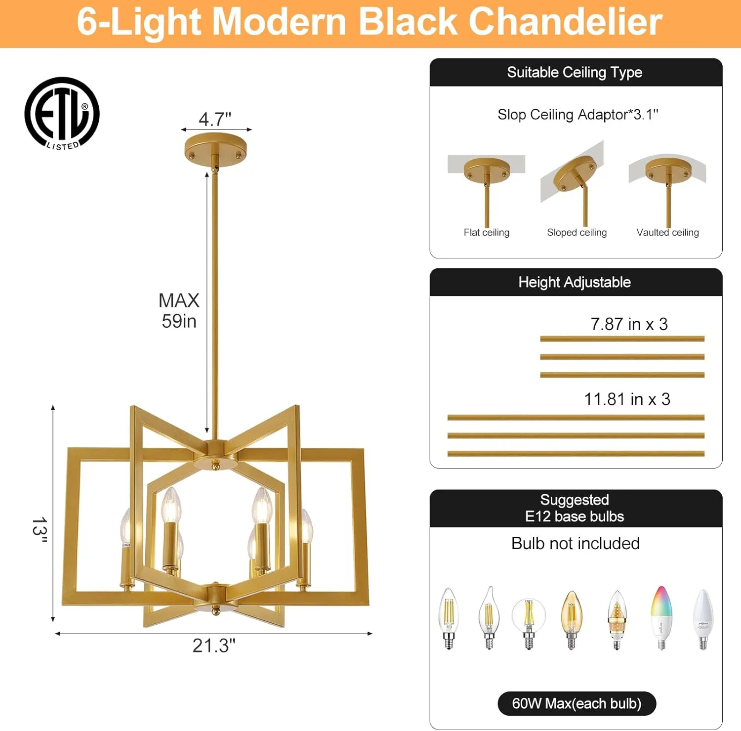 Gold Chandelier, 6-Light Modern Geometric Ceiling Pendant Light Fixtures, Industrial Foyer Lighting Fixtures, Dining Room Chandelier for Living Room, Bedroom, Kitchen Island, Entryway