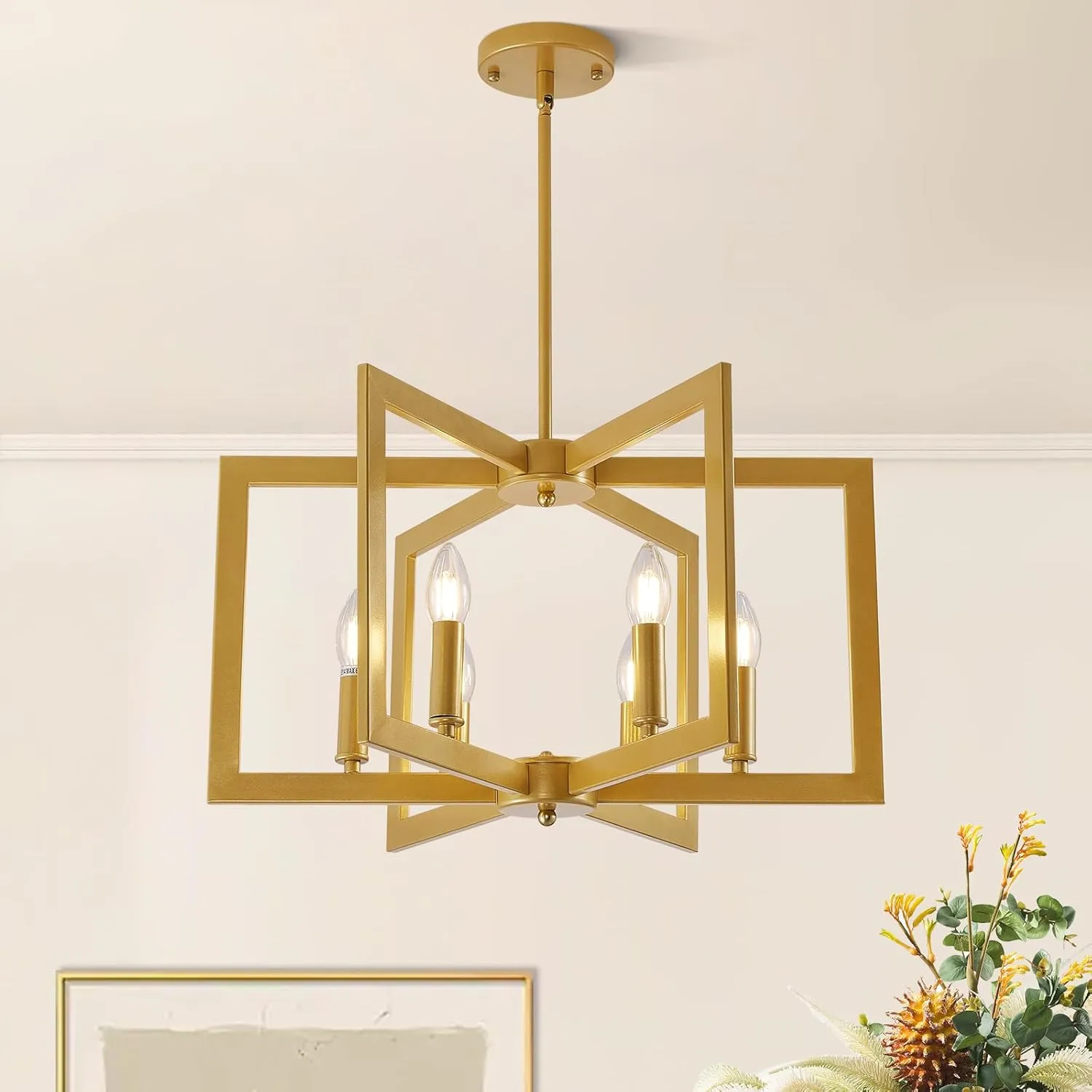 Gold Chandelier, 6-Light Modern Geometric Ceiling Pendant Light Fixtures, Industrial Foyer Lighting Fixtures, Dining Room Chandelier for Living Room, Bedroom, Kitchen Island, Entryway