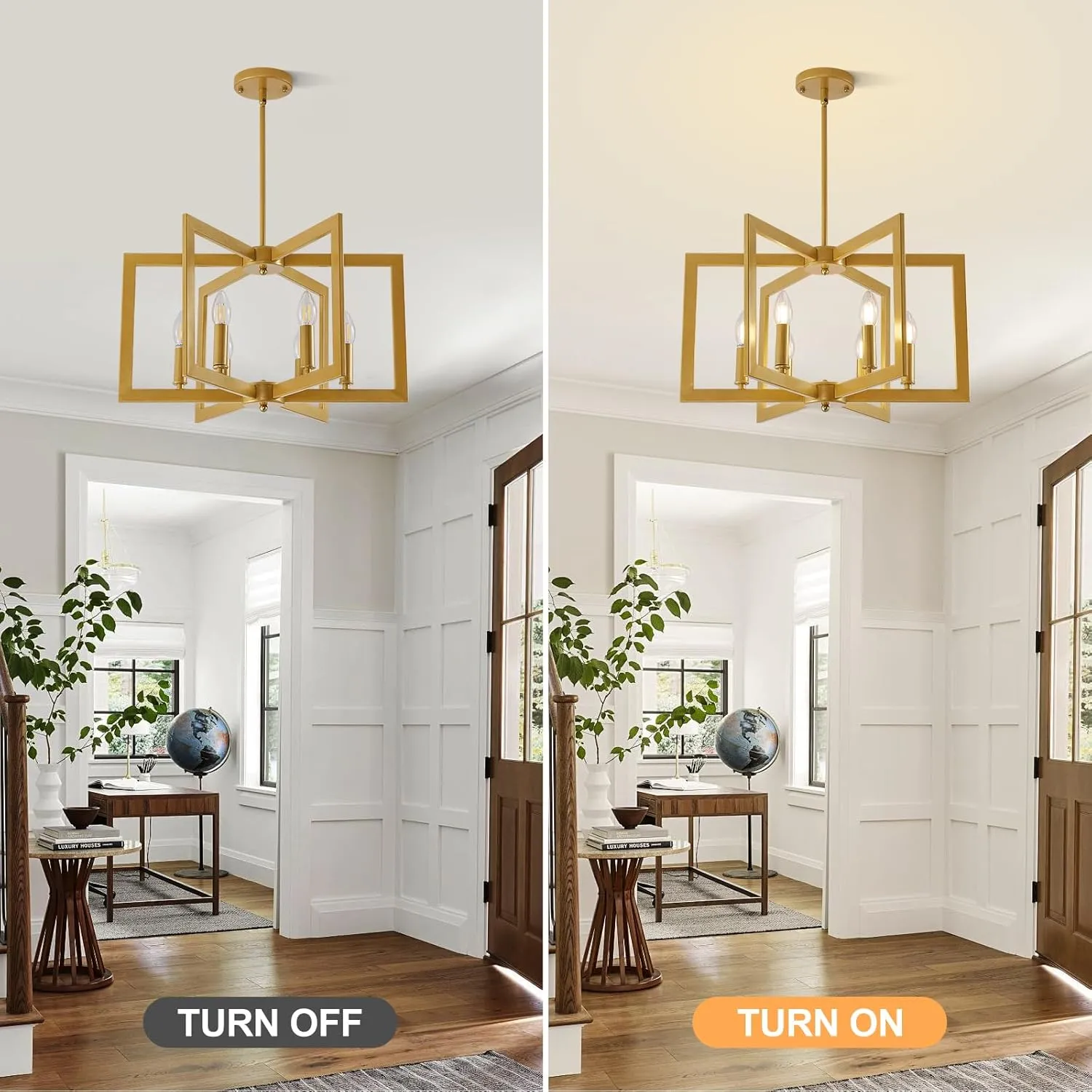 Gold Chandelier, 6-Light Modern Geometric Ceiling Pendant Light Fixtures, Industrial Foyer Lighting Fixtures, Dining Room Chandelier for Living Room, Bedroom, Kitchen Island, Entryway