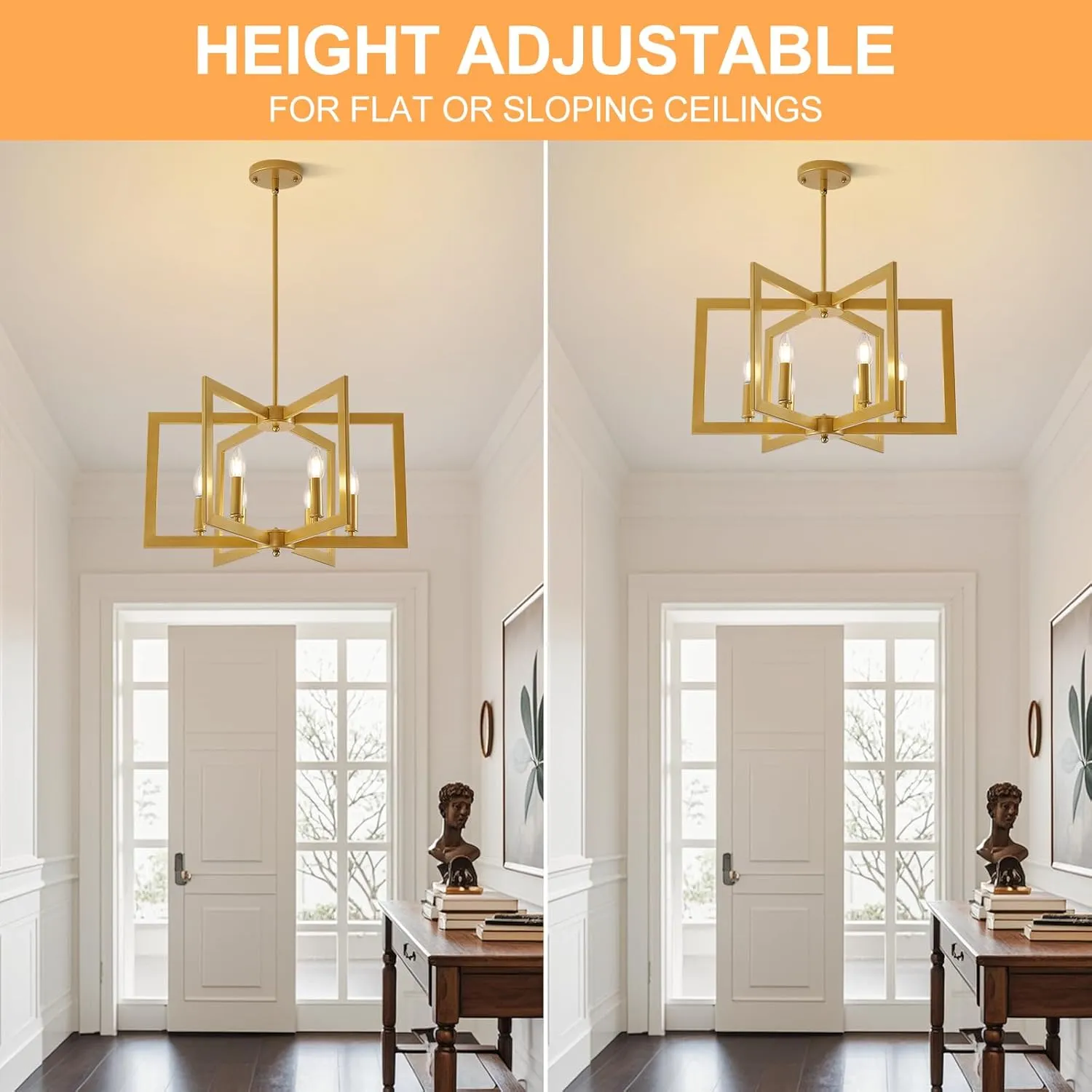 Gold Chandelier, 6-Light Modern Geometric Ceiling Pendant Light Fixtures, Industrial Foyer Lighting Fixtures, Dining Room Chandelier for Living Room, Bedroom, Kitchen Island, Entryway