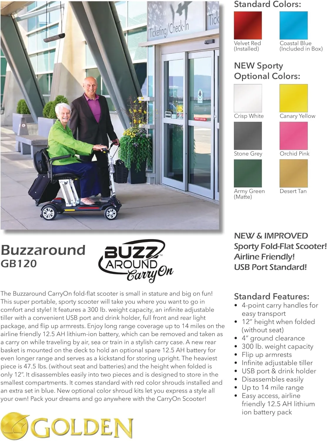Golden Technologies Buzzaround CarryOn Manual Folding Travel Mobility Scooter - Folds to 12" - Airline Approved 12.5 ah Lithium Battery - 47.5 lbs. Without The Seat and Battery (Pink)