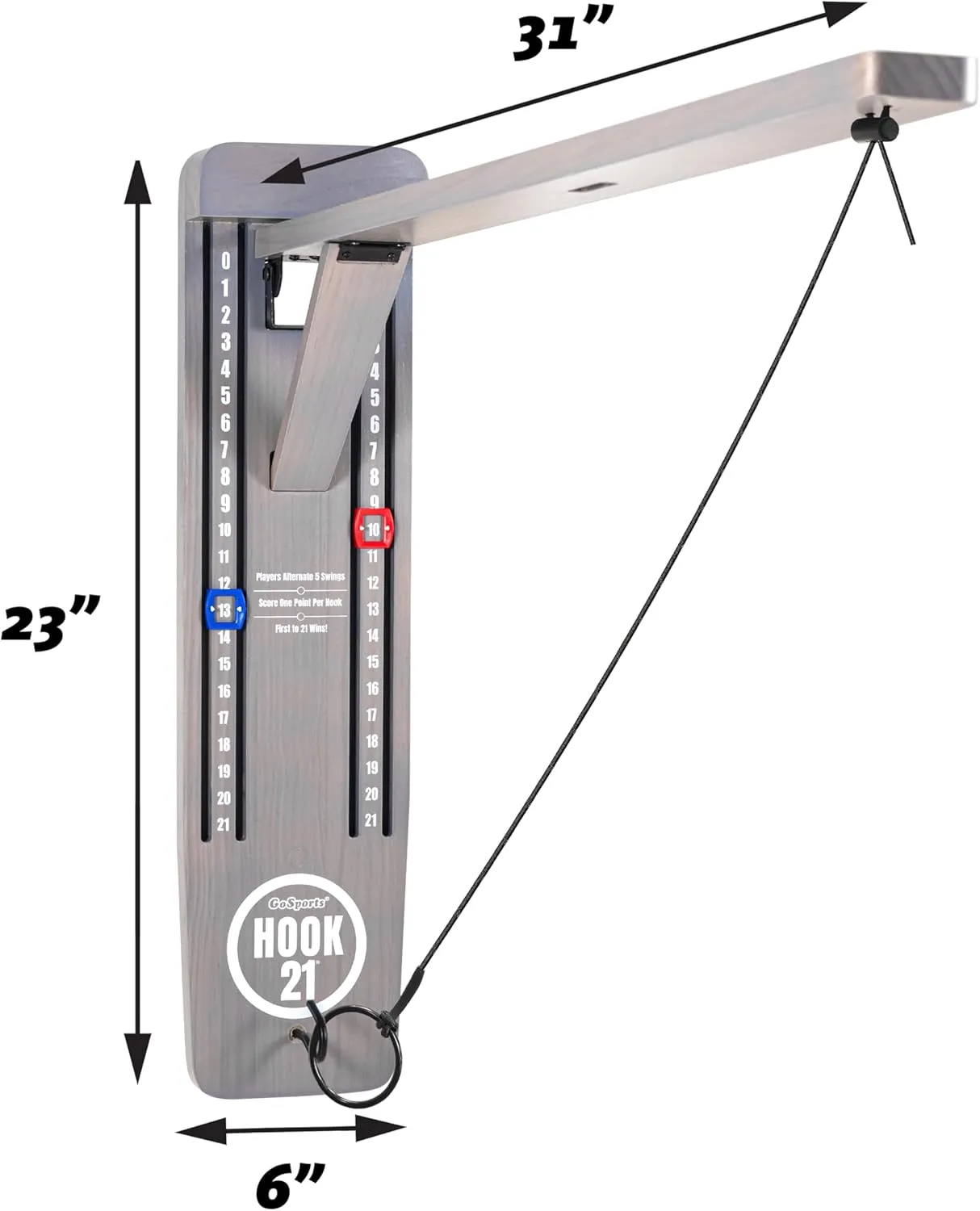 GoSports Hook 21 Wall Mount Ring Swing Game - Play Indoors or Outdoors with Foldable Arm