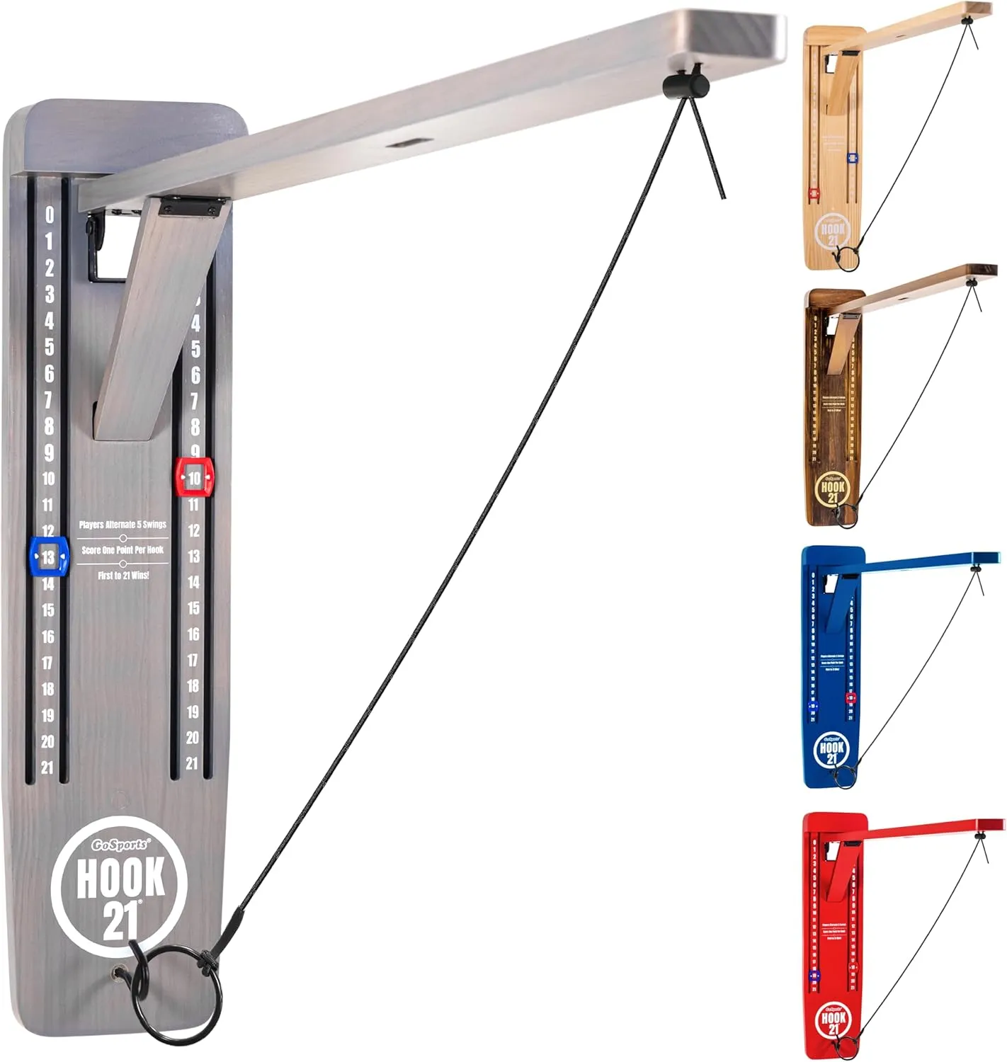 GoSports Hook 21 Wall Mount Ring Swing Game - Play Indoors or Outdoors with Foldable Arm