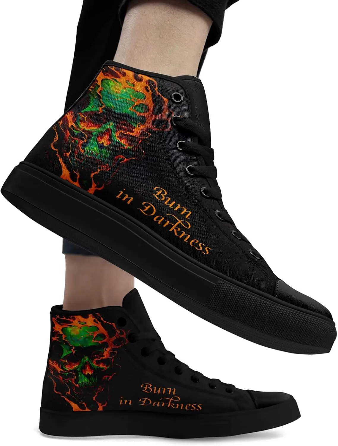 Gothic Skull High Top Canvas Sneakers for Men Women Butterflies Flames Flower Vivid Lace up Flat Casual Walking Shoes