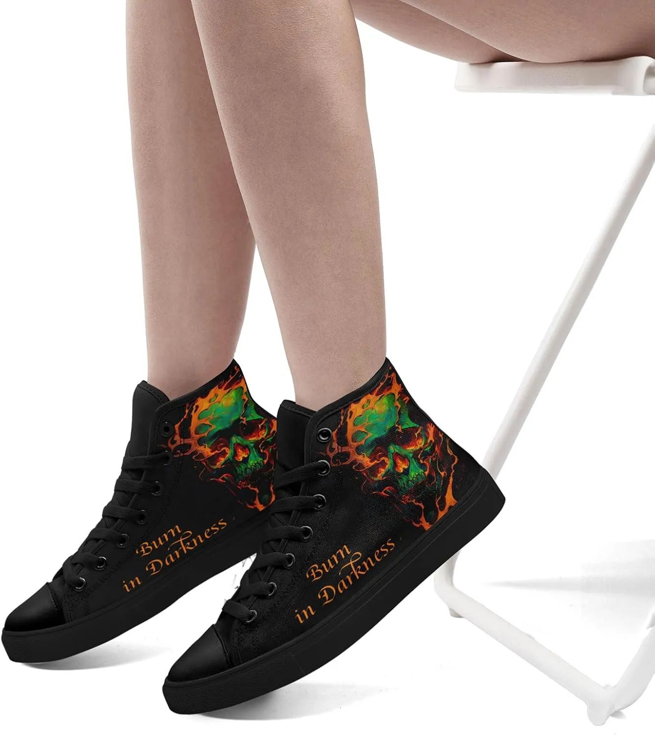 Gothic Skull High Top Canvas Sneakers for Men Women Butterflies Flames Flower Vivid Lace up Flat Casual Walking Shoes