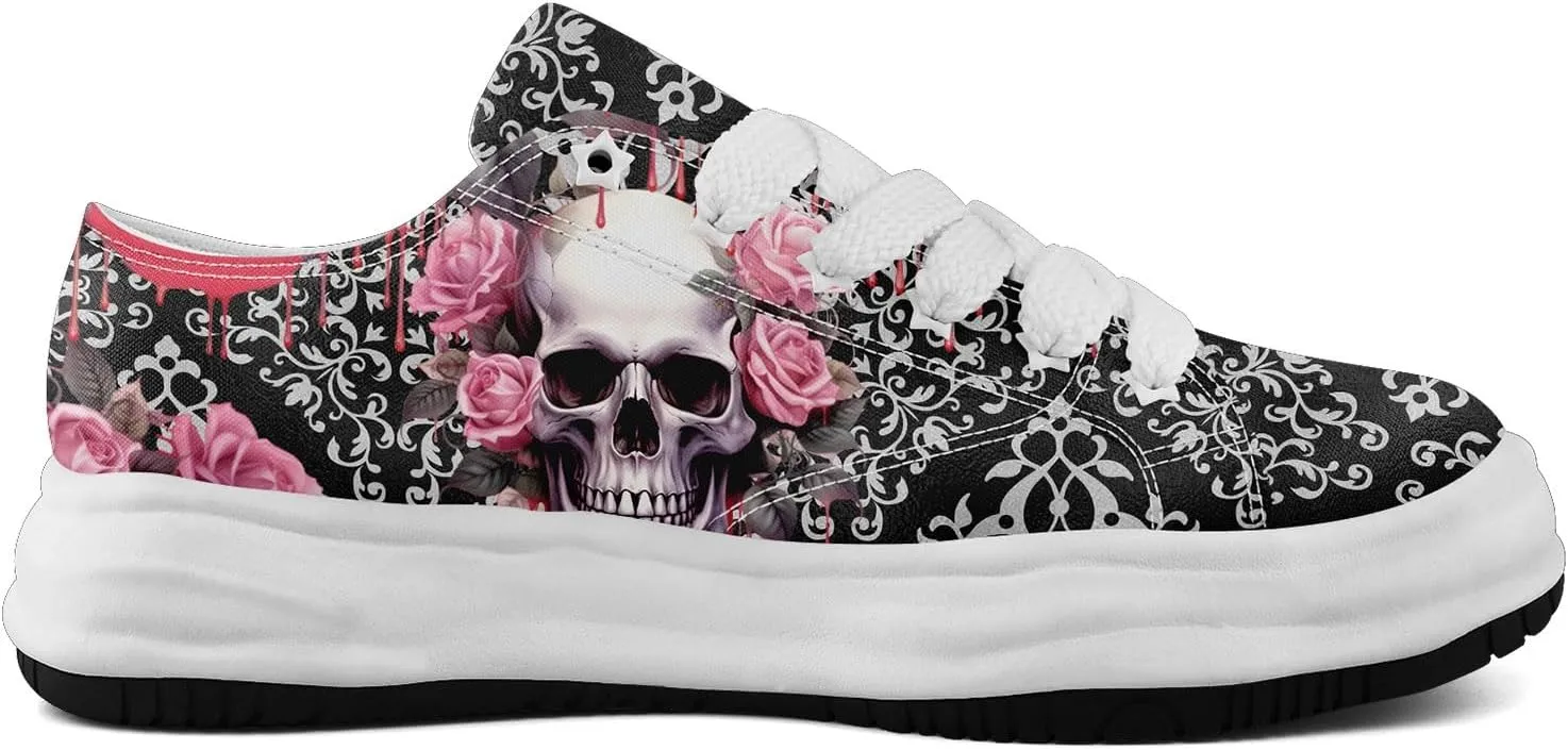 Gothic Skull Print Sneakers for Men Women – Low Top Canvas Shoes with Rubber EVA Sole, Punk Streetwear Fashion