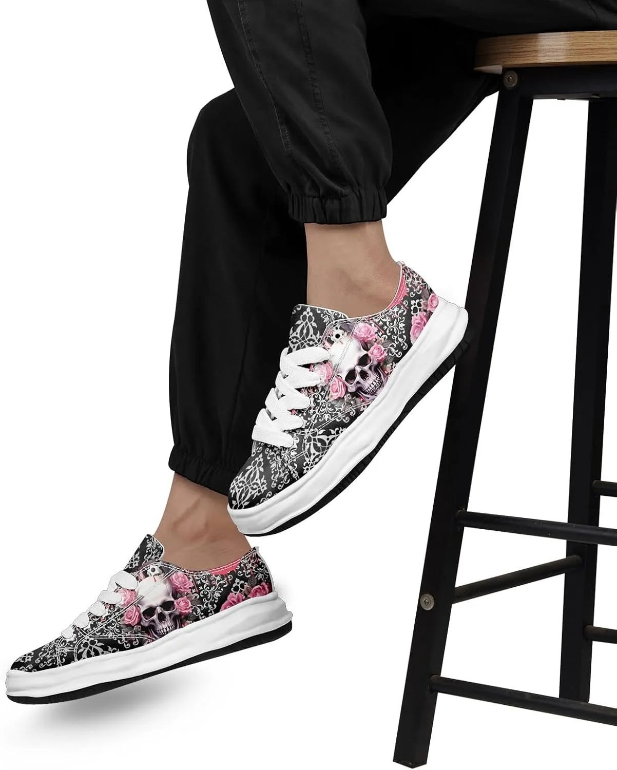 Gothic Skull Print Sneakers for Men Women – Low Top Canvas Shoes with Rubber EVA Sole, Punk Streetwear Fashion