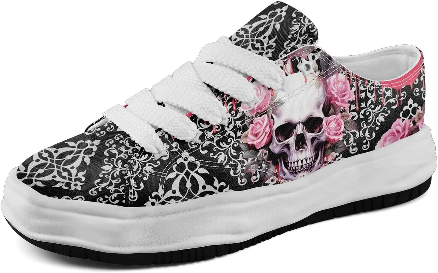 Gothic Skull Print Sneakers for Men Women – Low Top Canvas Shoes with Rubber EVA Sole, Punk Streetwear Fashion