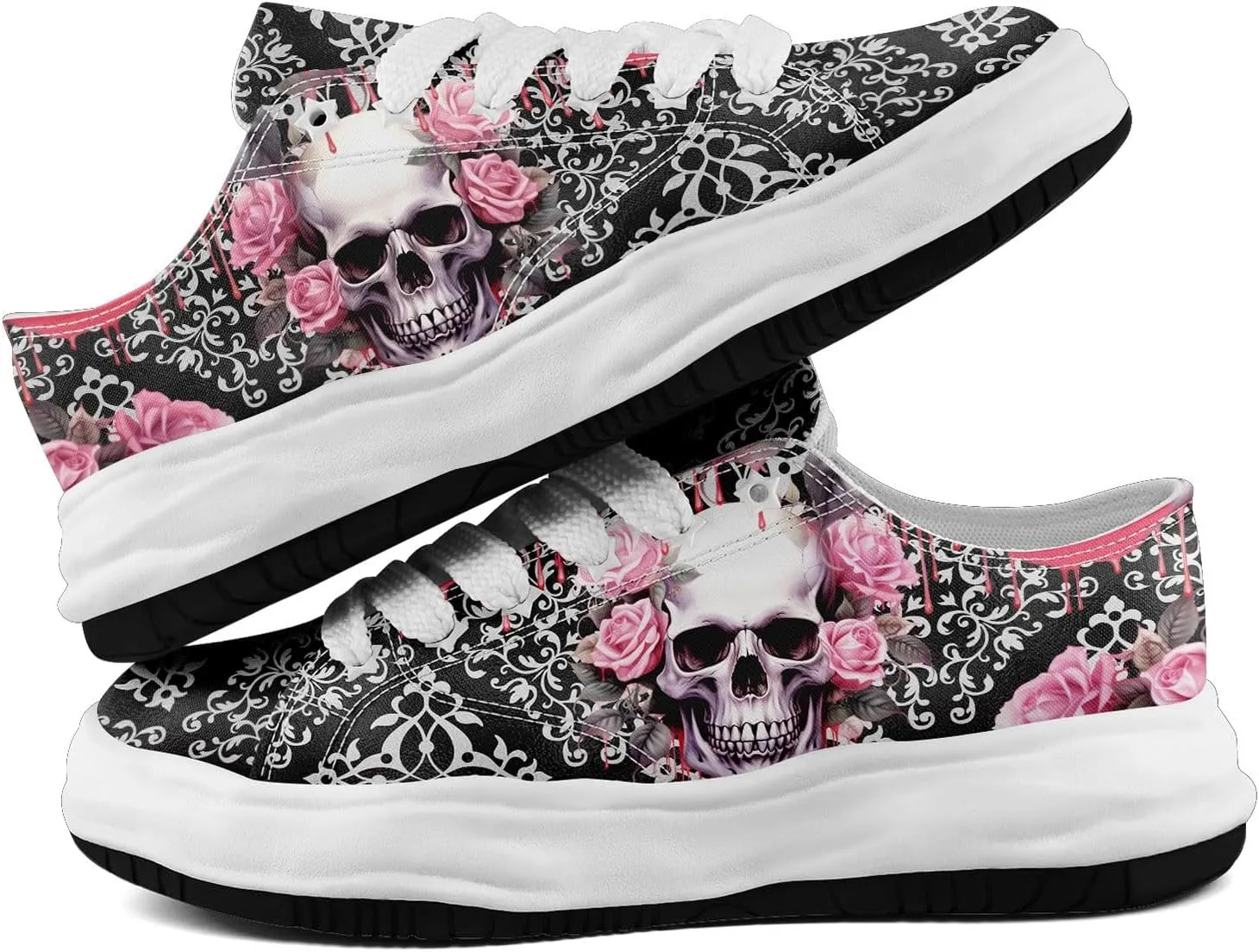 Gothic Skull Print Sneakers for Men Women – Low Top Canvas Shoes with Rubber EVA Sole, Punk Streetwear Fashion